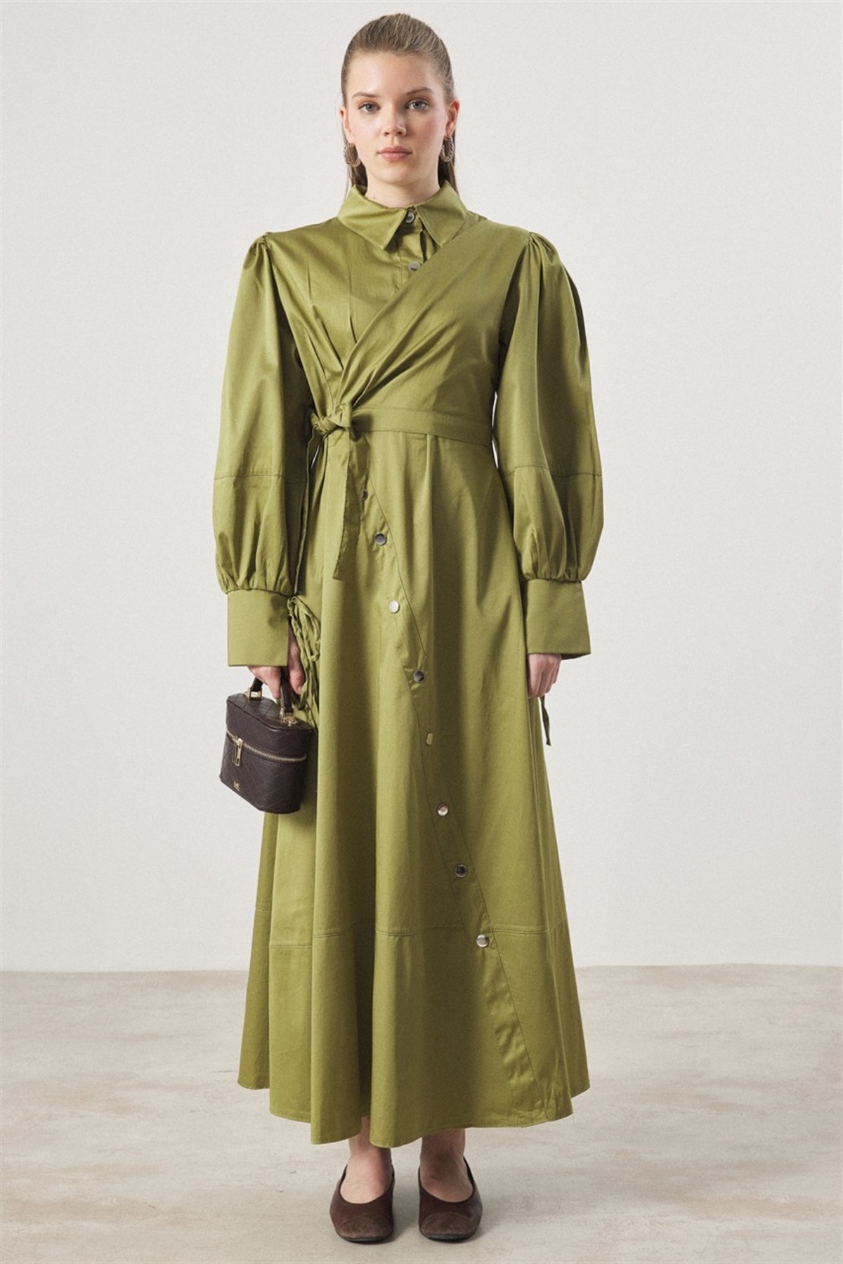 Çıtçıt Detaylı Compact Saten Elbise - Yağ Yeşili