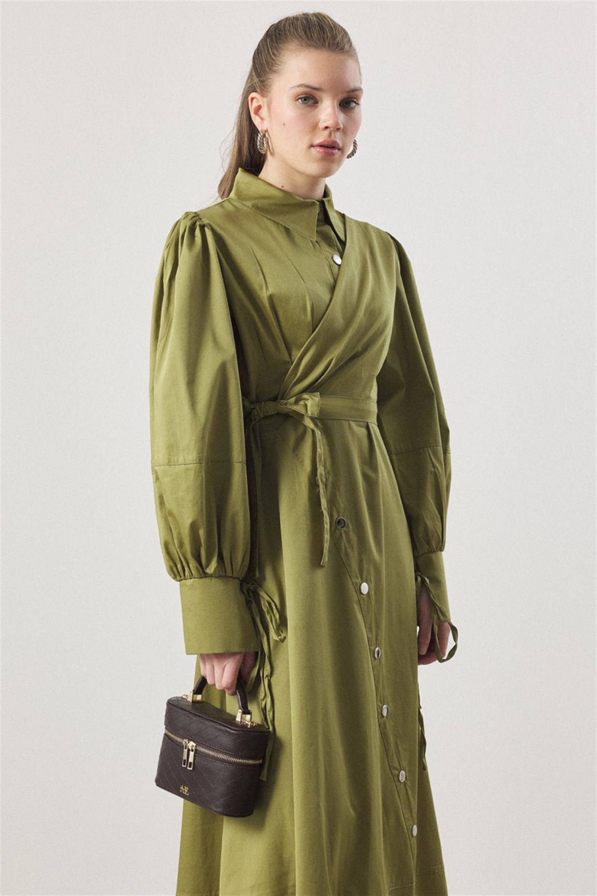 Çıtçıt Detaylı Compact Saten Elbise - Yağ Yeşili