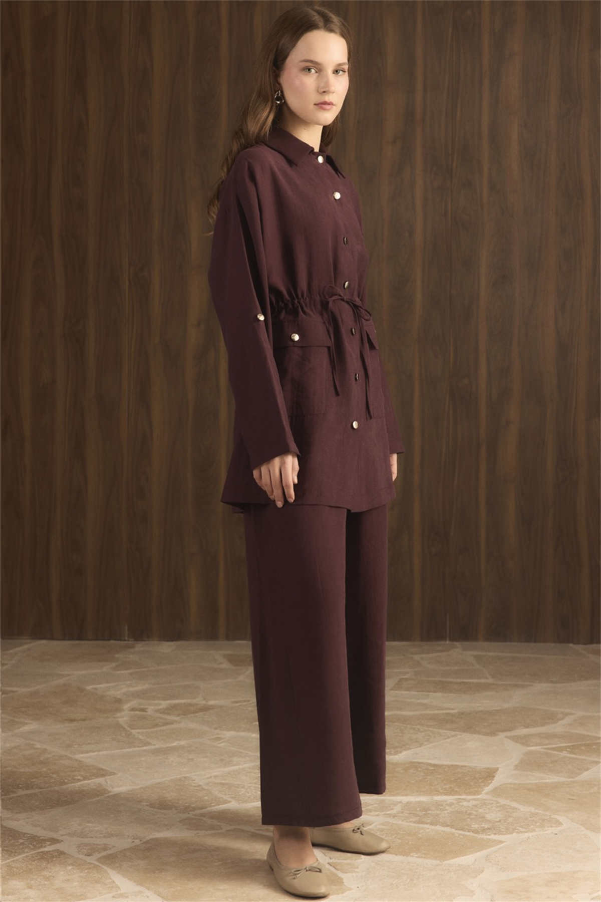 Çıtçıt Detaylı Pantolonlu Takım - Bordo