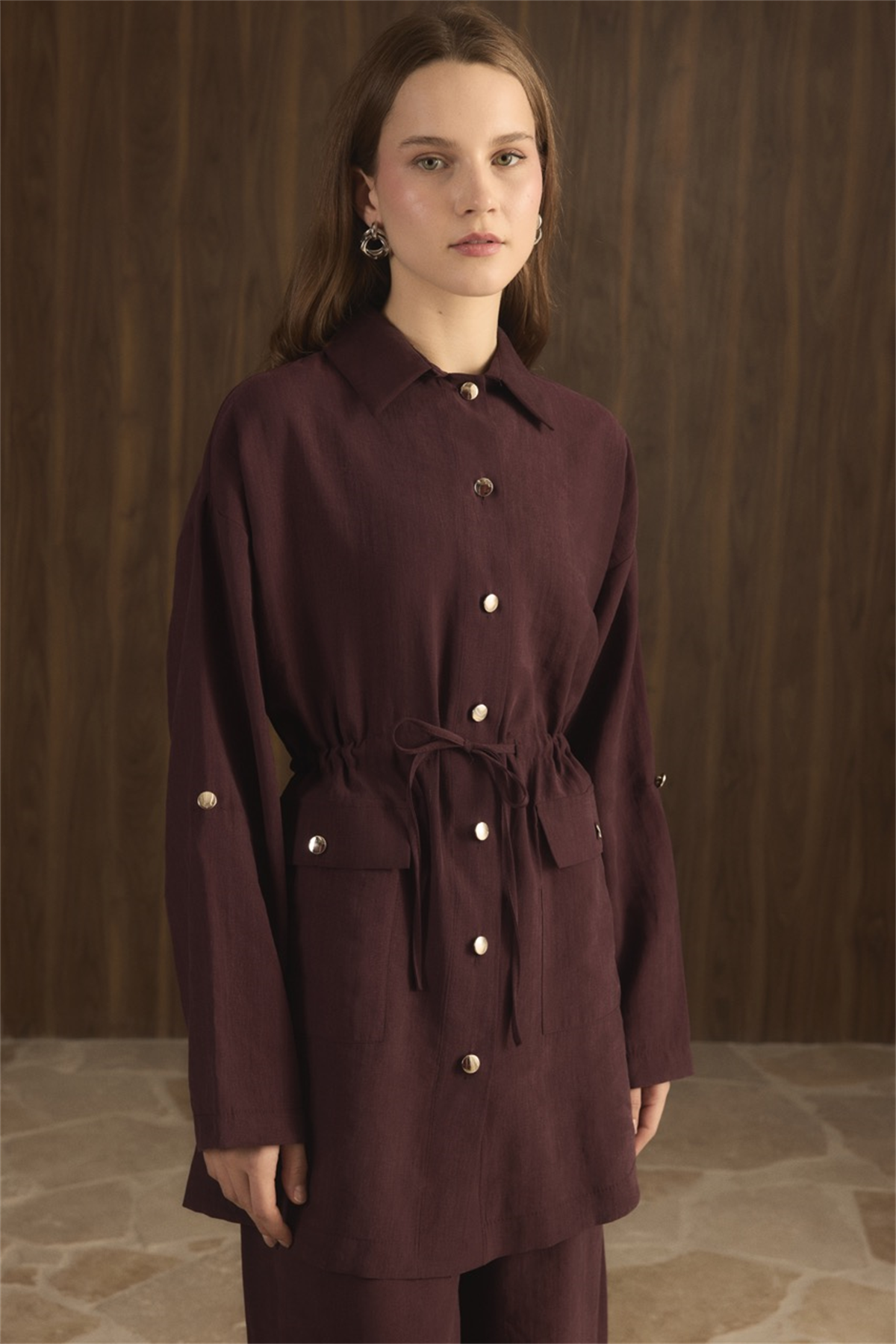 Çıtçıt Detaylı Pantolonlu Takım - Bordo