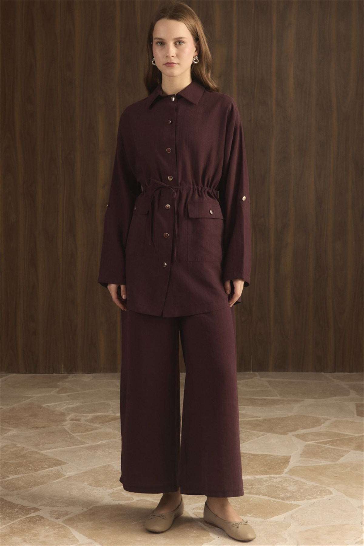 Çıtçıt Detaylı Pantolonlu Takım - Bordo
