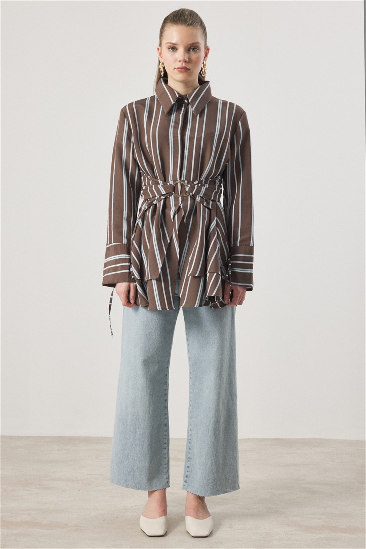 Çizgi Desenli Dacron Gömlek - Mavi