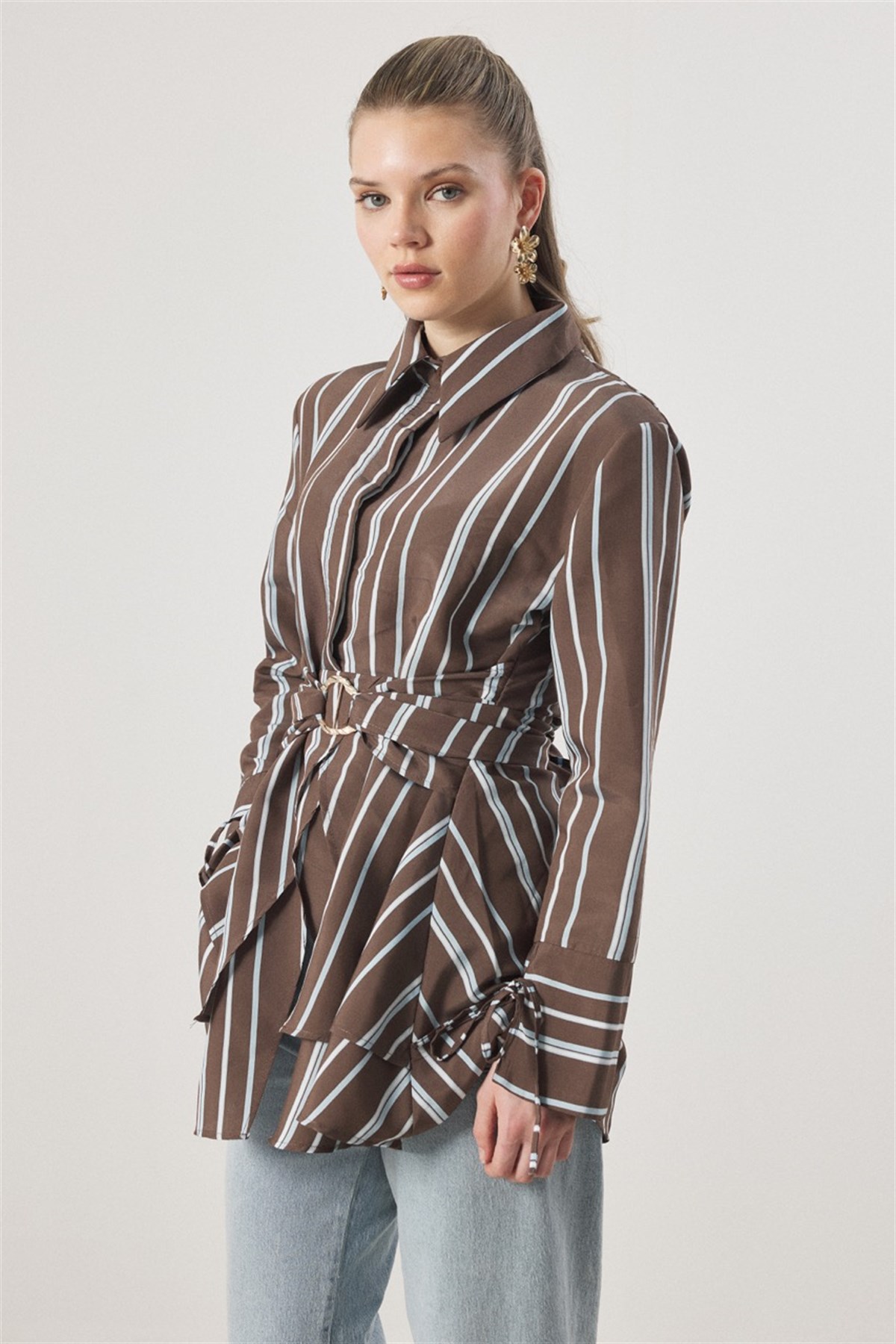 Çizgi Desenli Dacron Gömlek - Mavi