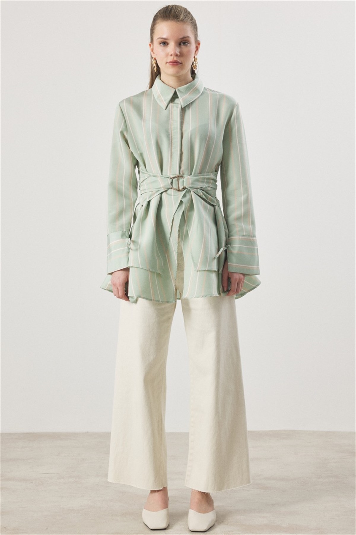 Çizgi Desenli Dacron Gömlek - Mint