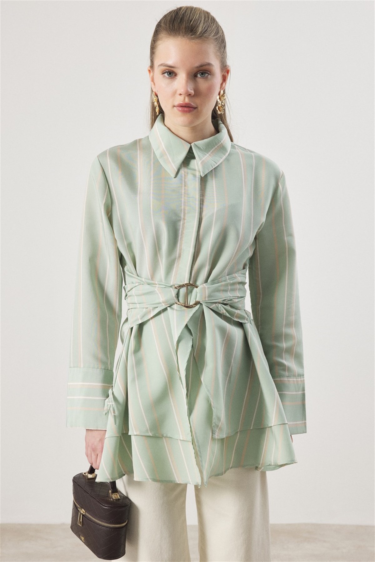 Çizgi Desenli Dacron Gömlek - Mint