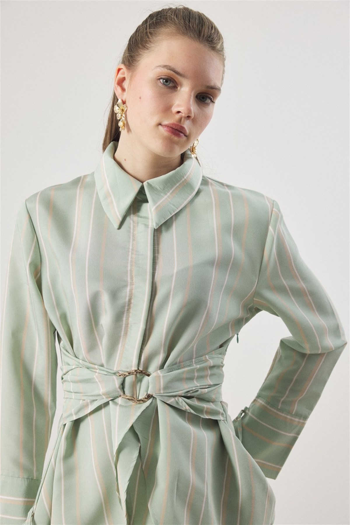 Çizgi Desenli Dacron Gömlek - Mint