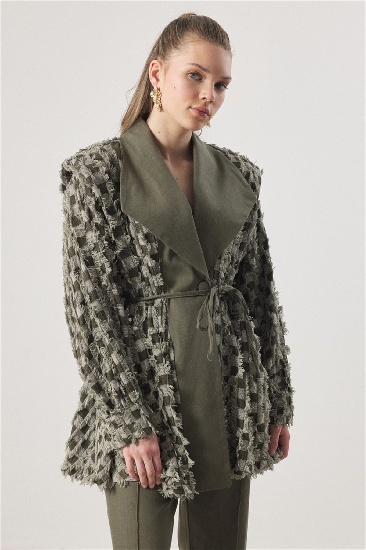 Dama Desen Fringed Kot Takım - Haki