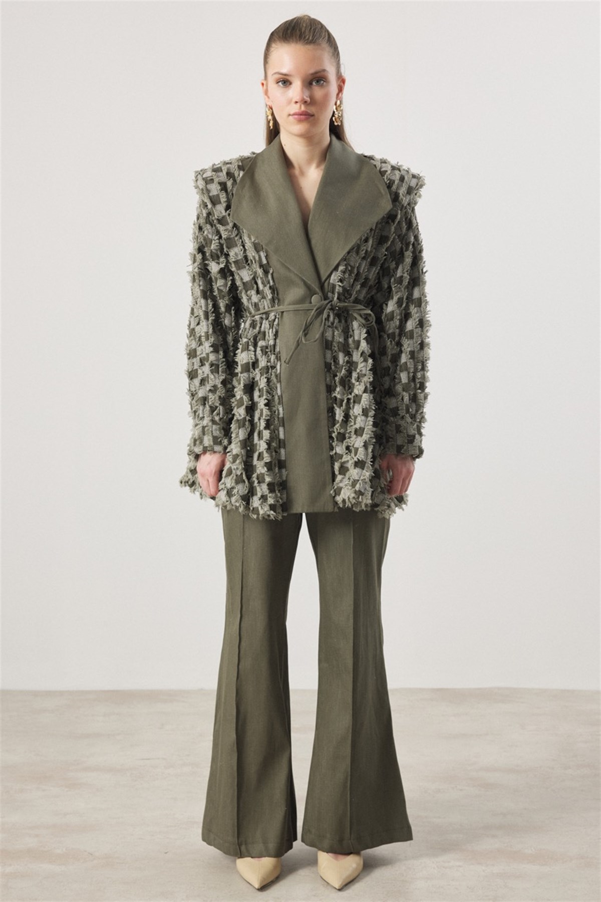 Dama Desen Fringed Kot Takım - Haki