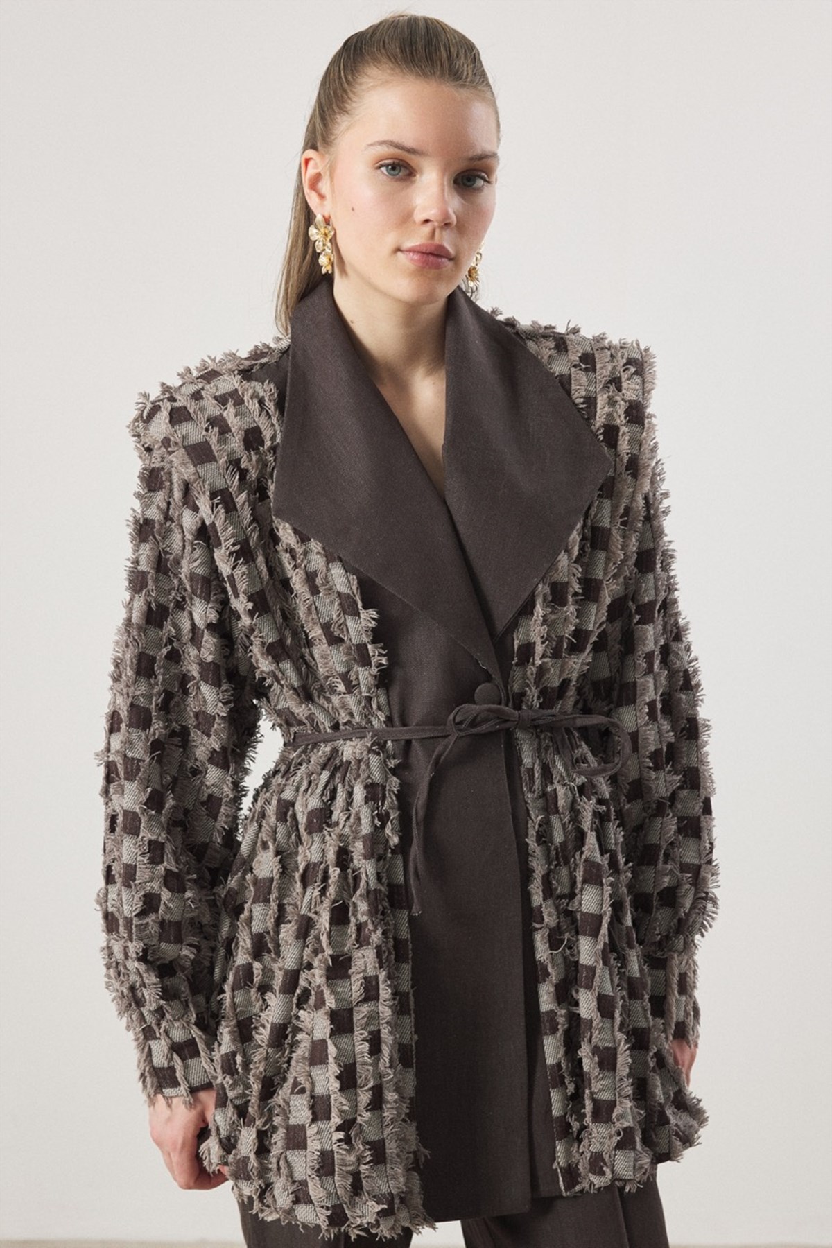 Dama Desen Fringed Kot Takım - Kahve