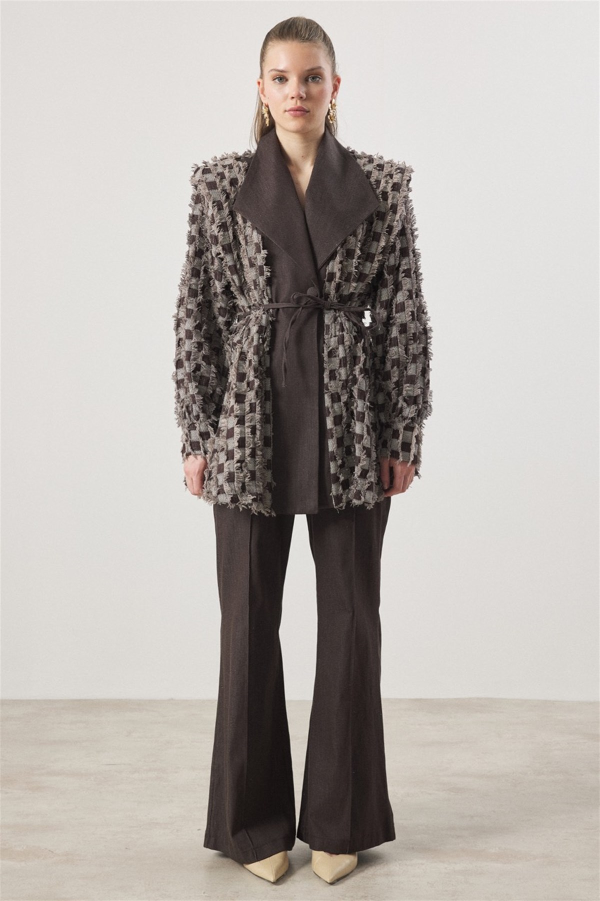 Dama Desen Fringed Kot Takım - Kahve