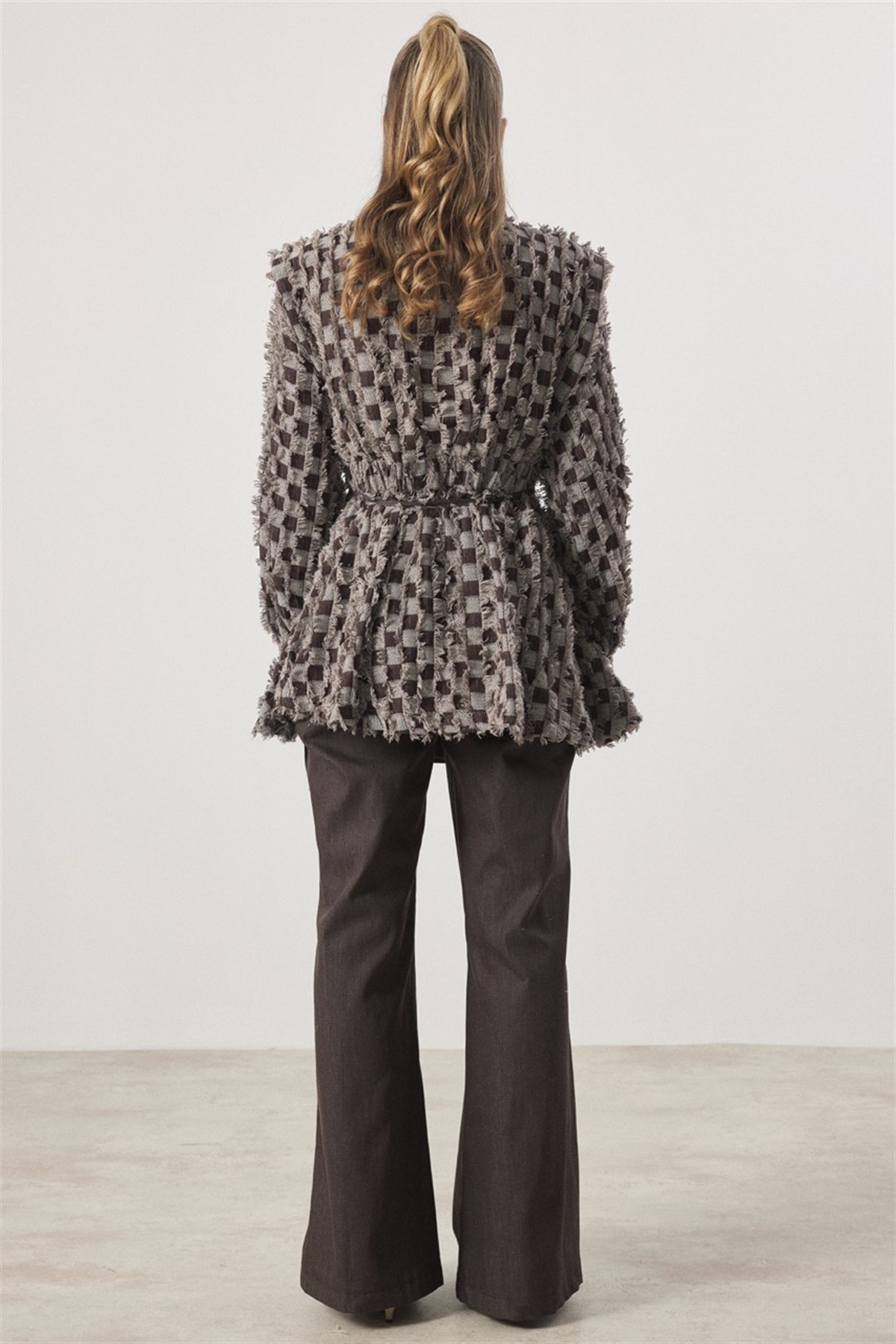 Dama Desen Fringed Kot Takım - Kahve