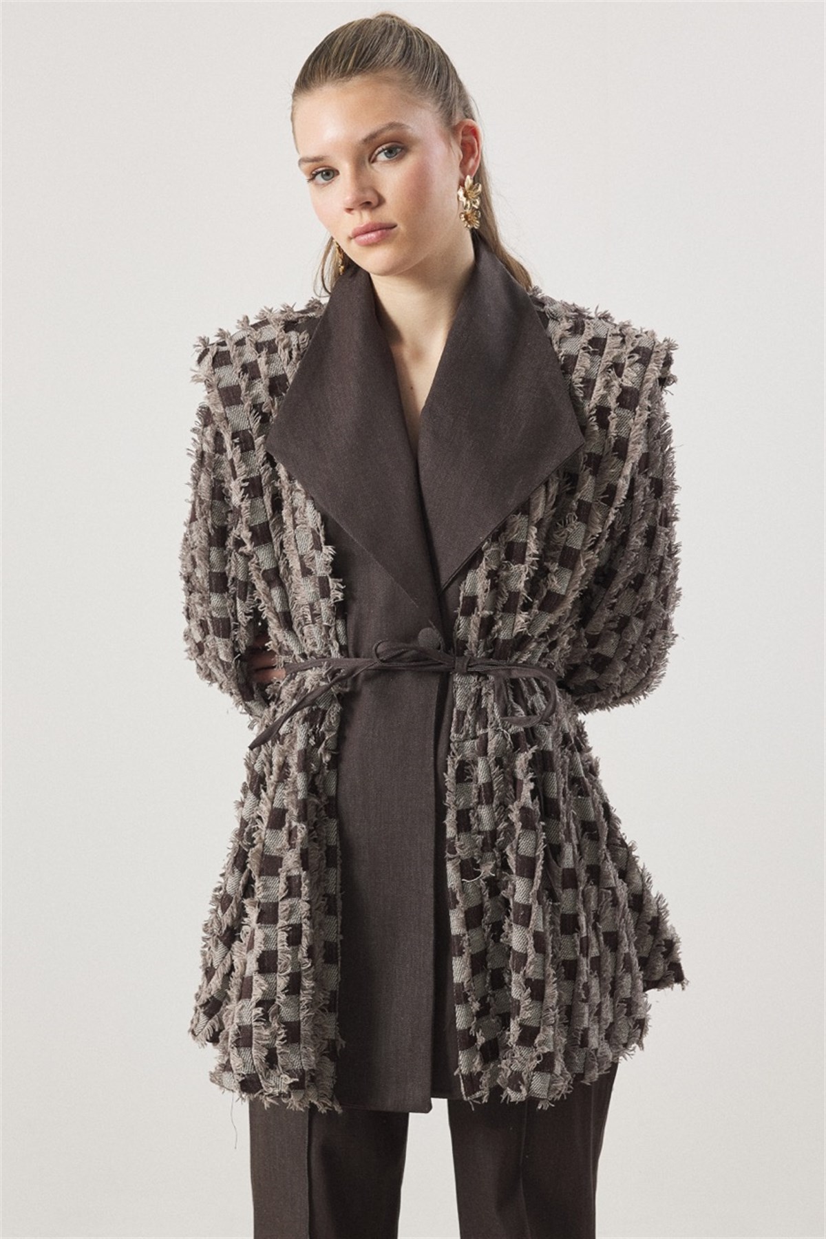 Dama Desen Fringed Kot Takım - Kahve