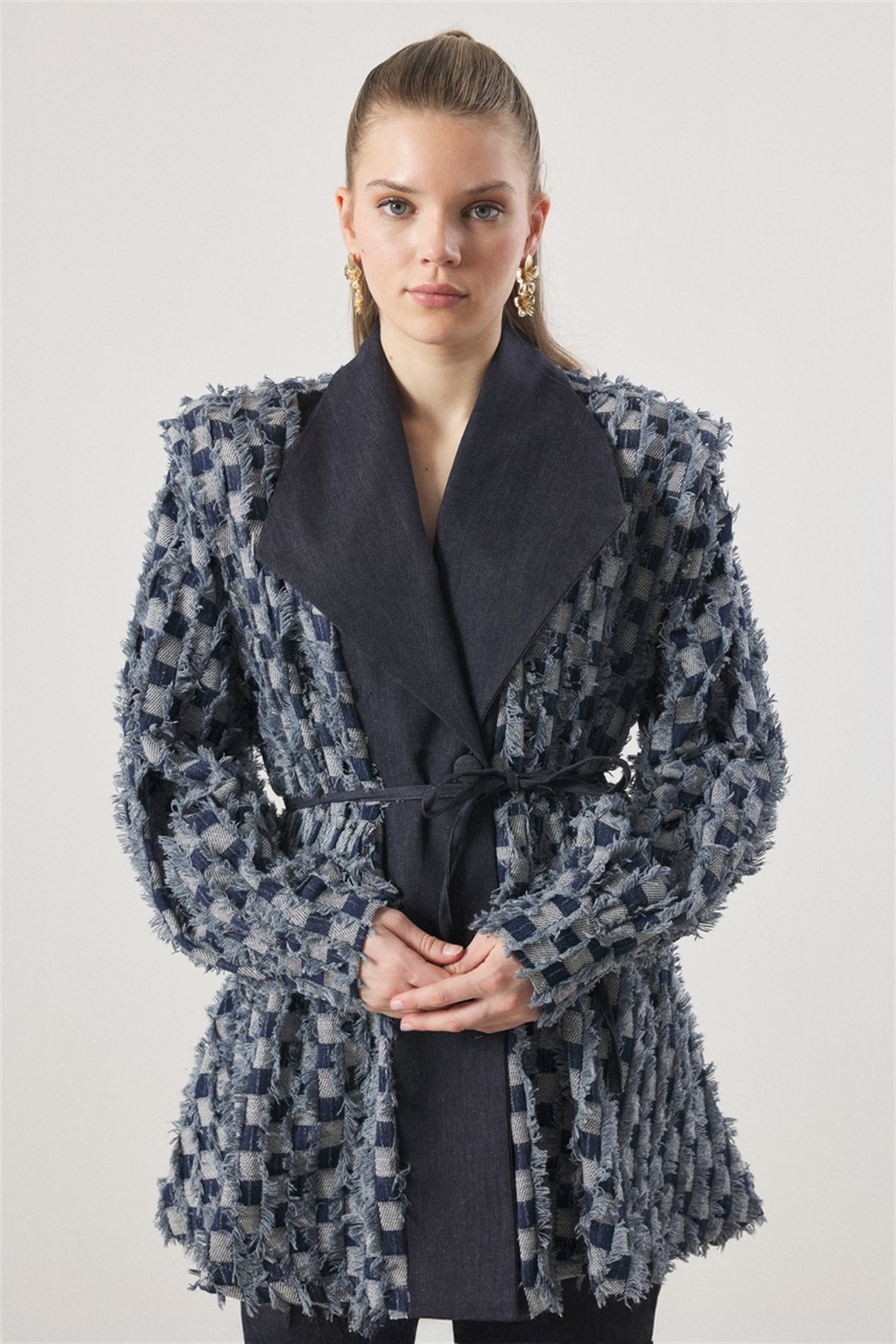 Dama Desen Fringed Kot Takım - Lacivert