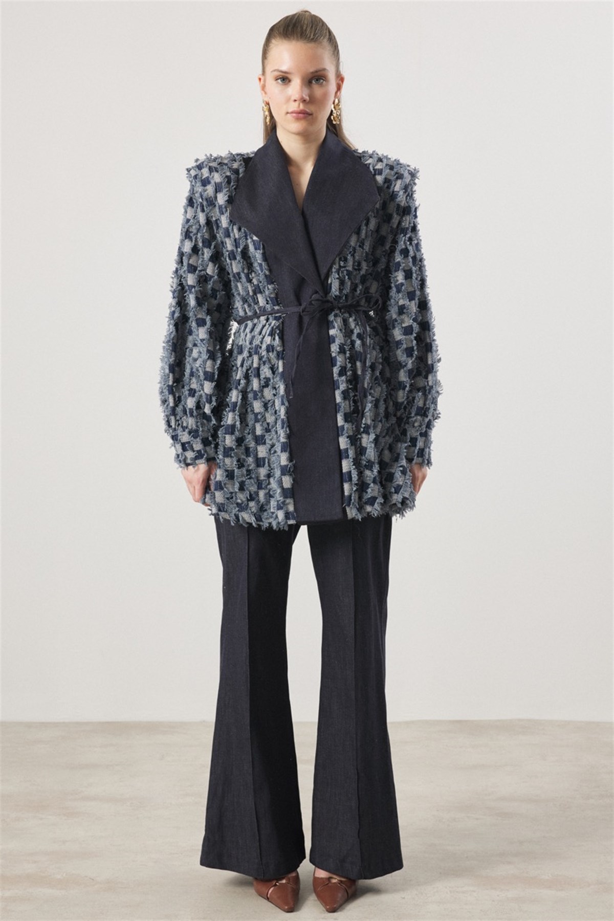 Dama Desen Fringed Kot Takım - Lacivert