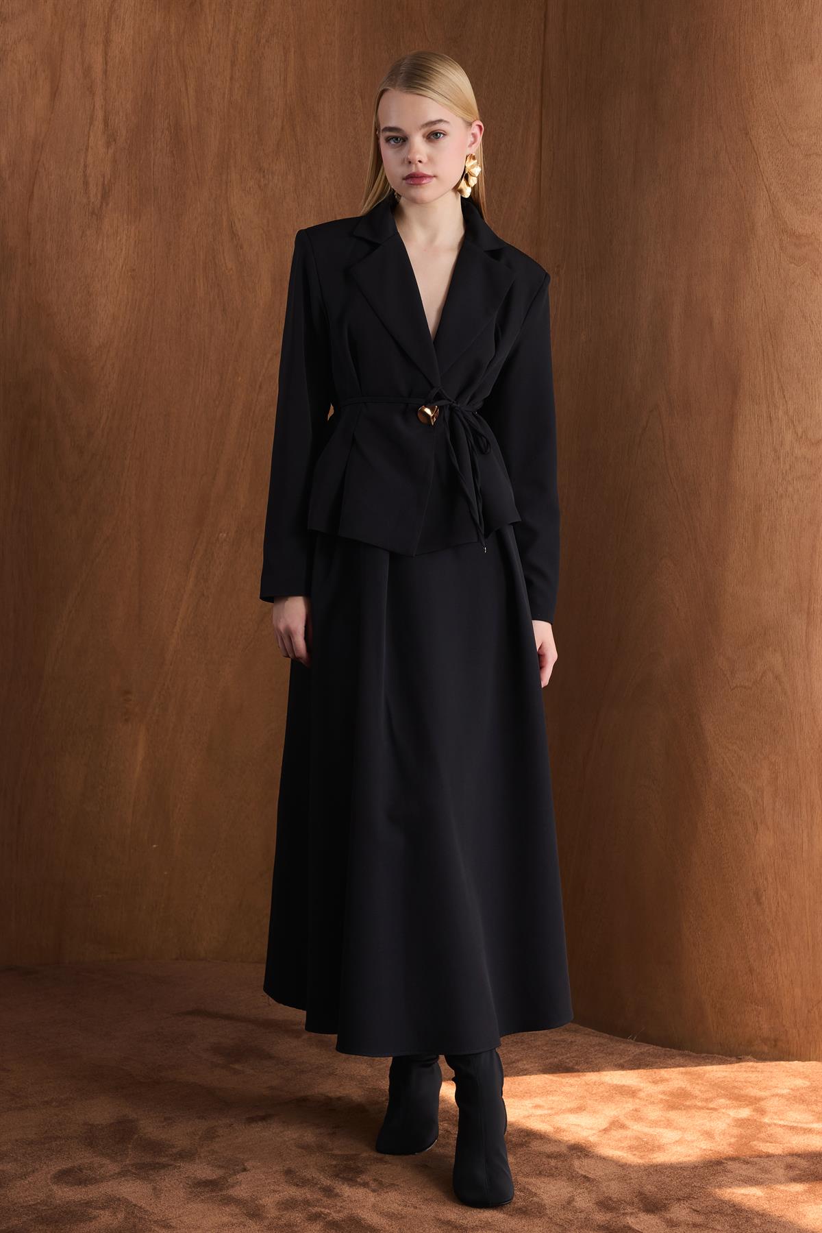 Dary Önü Pileli Double Takım - Siyah