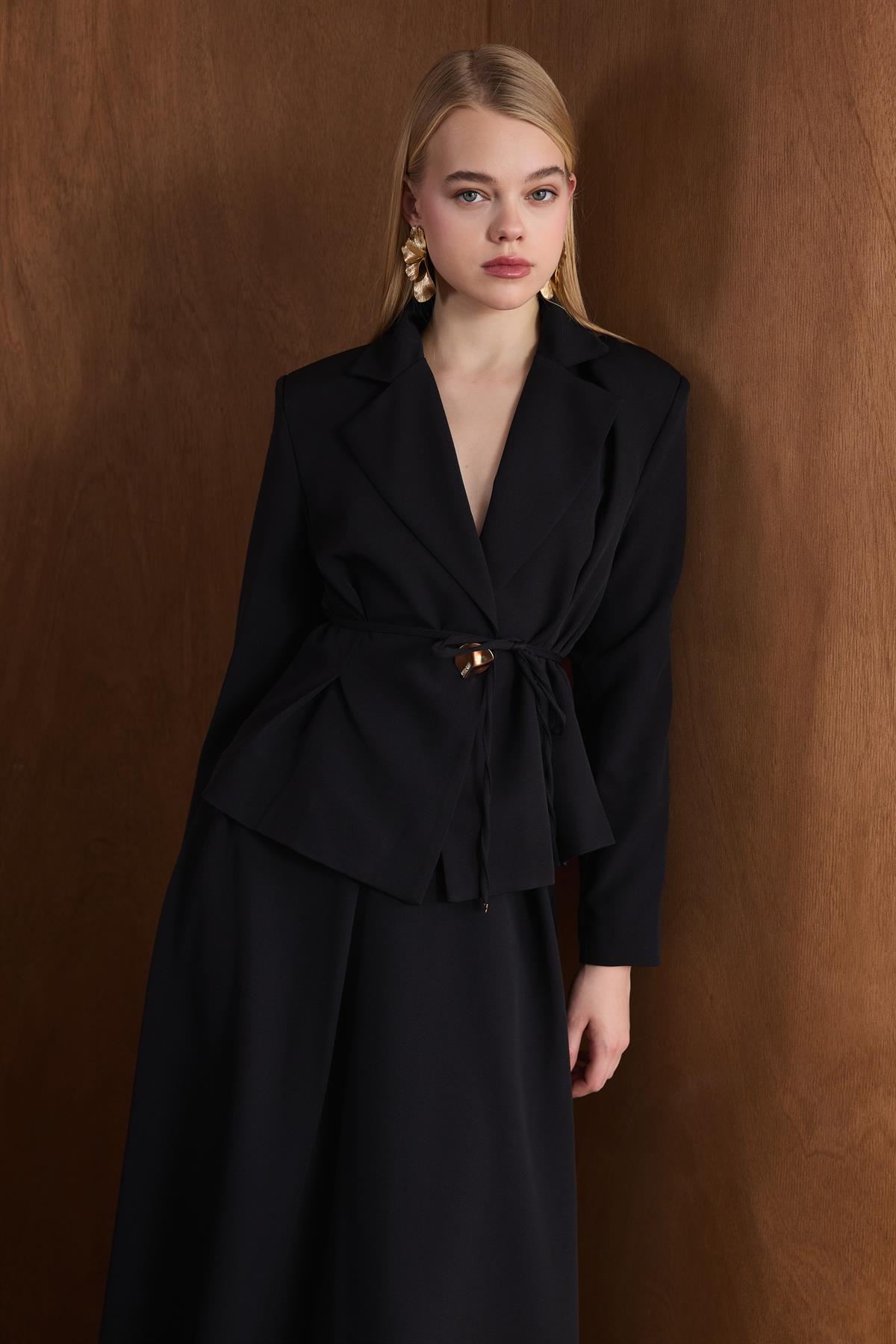 Dary Önü Pileli Double Takım - Siyah