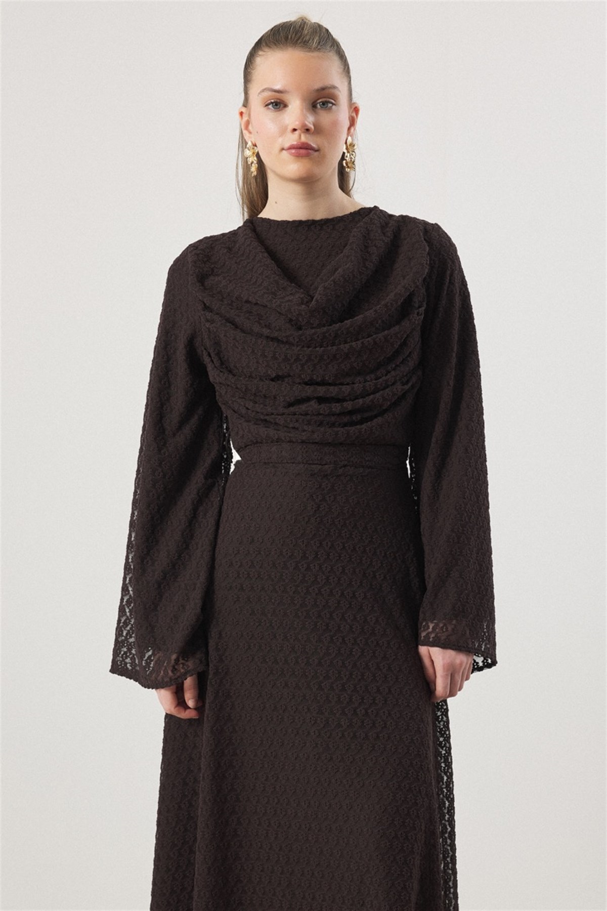 Degaje Yaka Dantel Elbise - Kahve