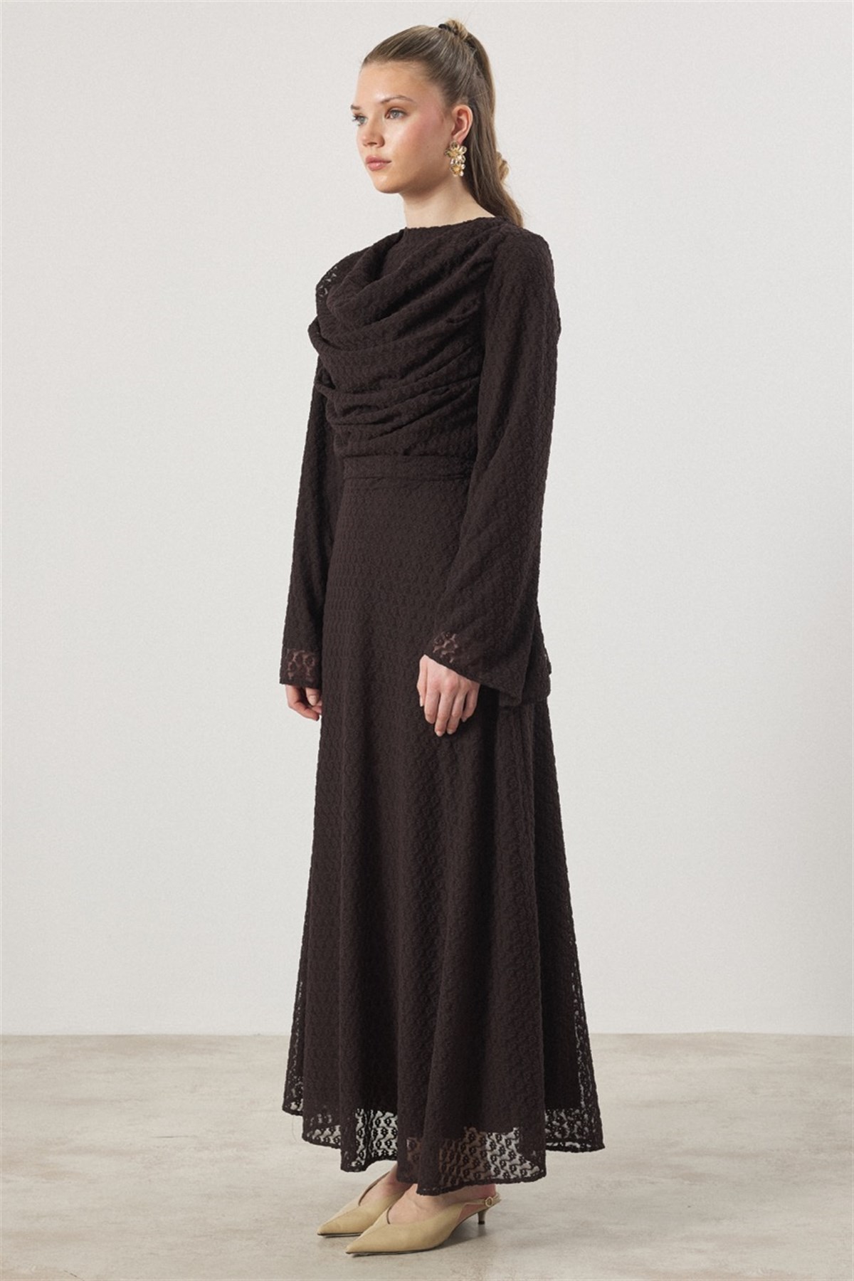 Degaje Yaka Dantel Elbise - Kahve