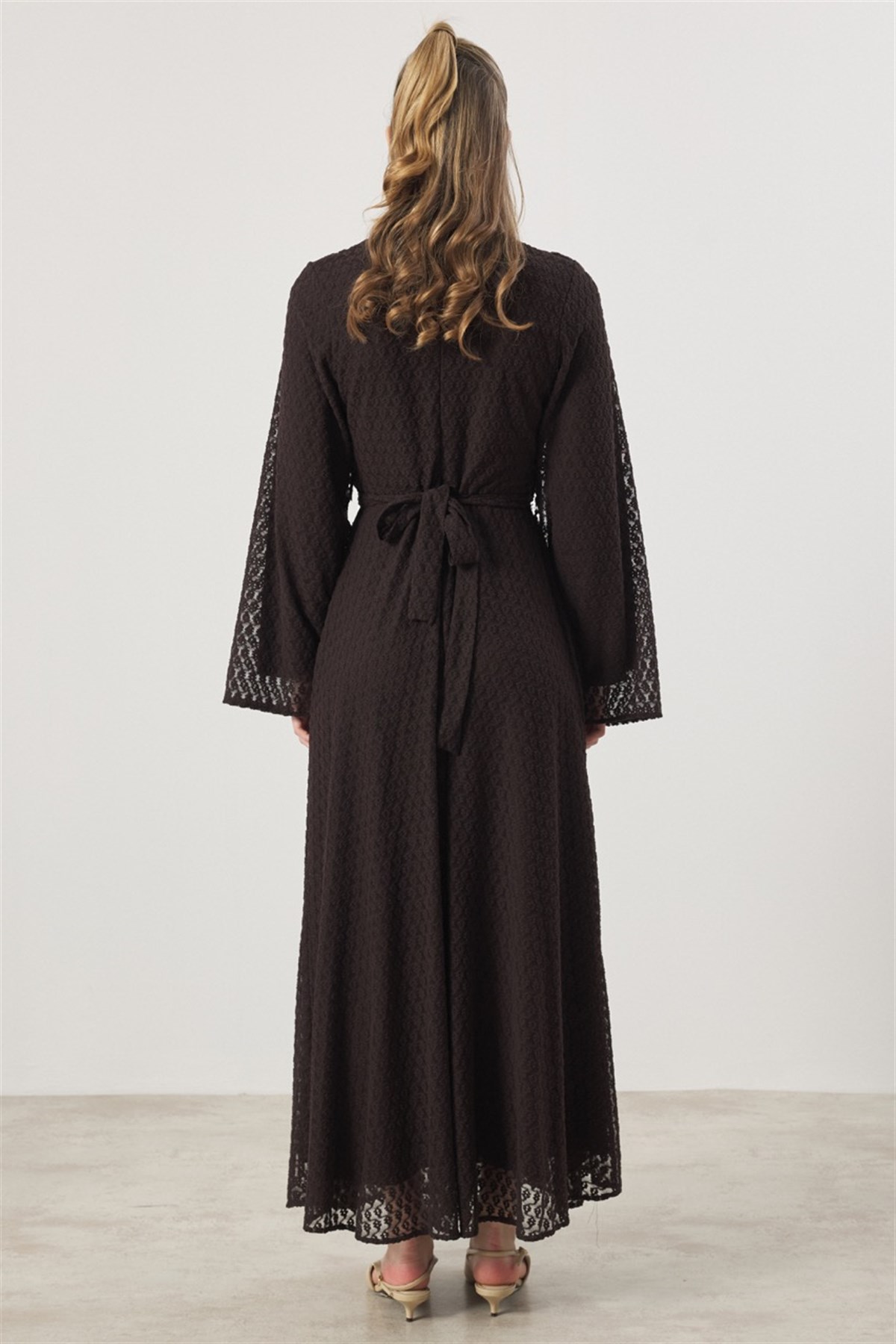 Degaje Yaka Dantel Elbise - Kahve