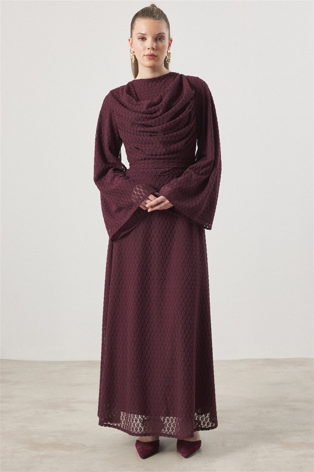 Degaje Yaka Dantel Elbise - Mürdüm