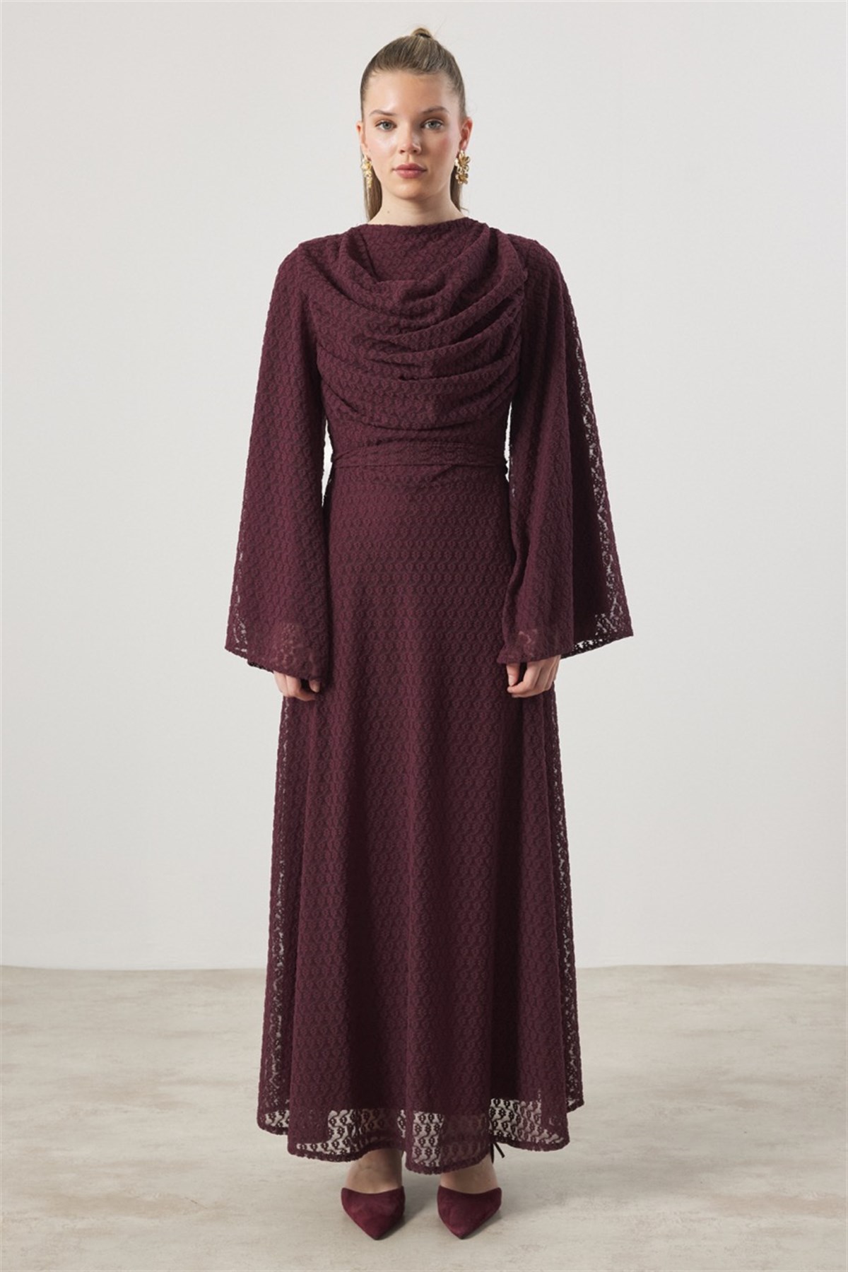 Degaje Yaka Dantel Elbise - Mürdüm