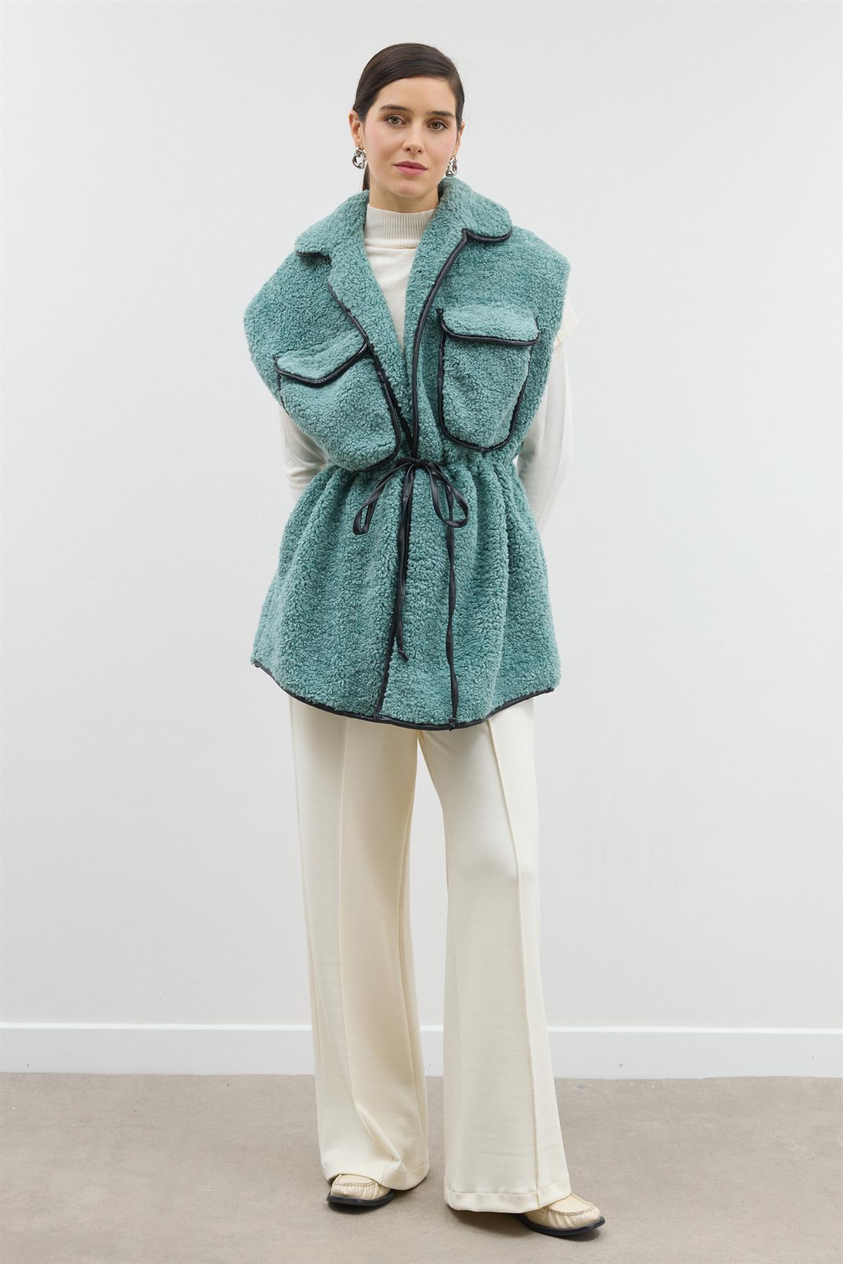 Deri Biyeli Çift Cep Kapaklı Yelek - Mint