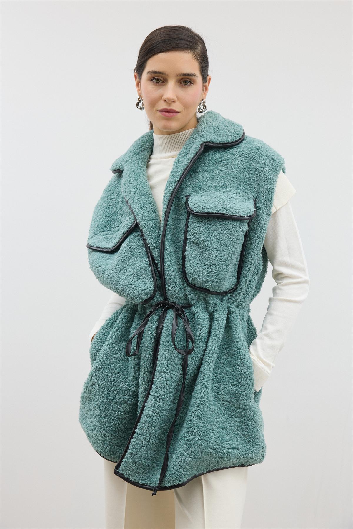 Deri Biyeli Çift Cep Kapaklı Yelek - Mint