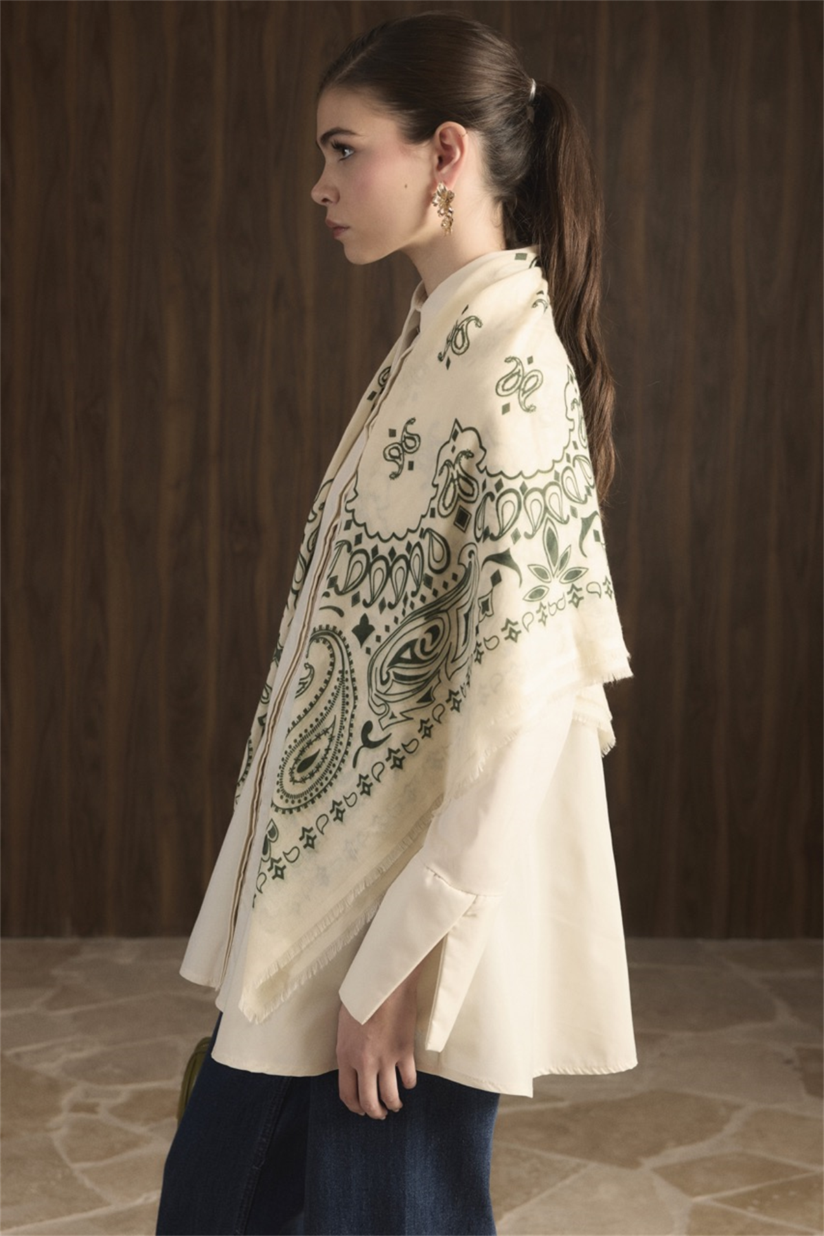 Desen Baskılı Cottonic Şal - Haki