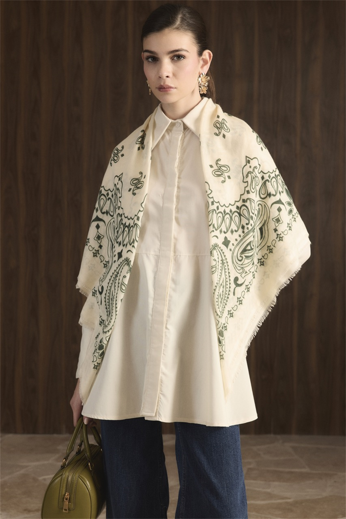 Desen Baskılı Cottonic Şal - Haki