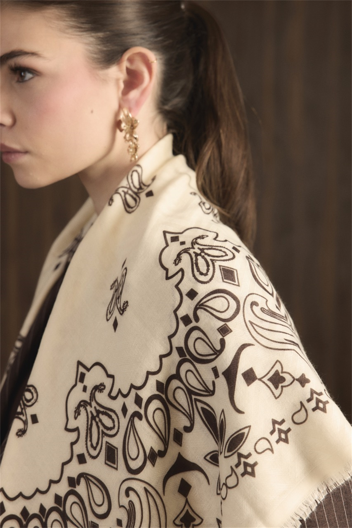 Desen Baskılı Cottonic Şal - Kahve