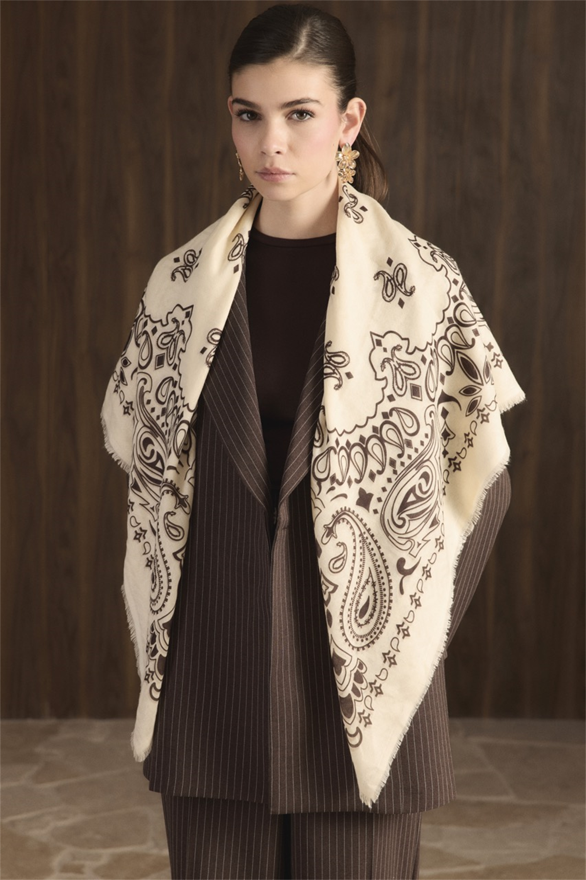 Desen Baskılı Cottonic Şal - Kahve