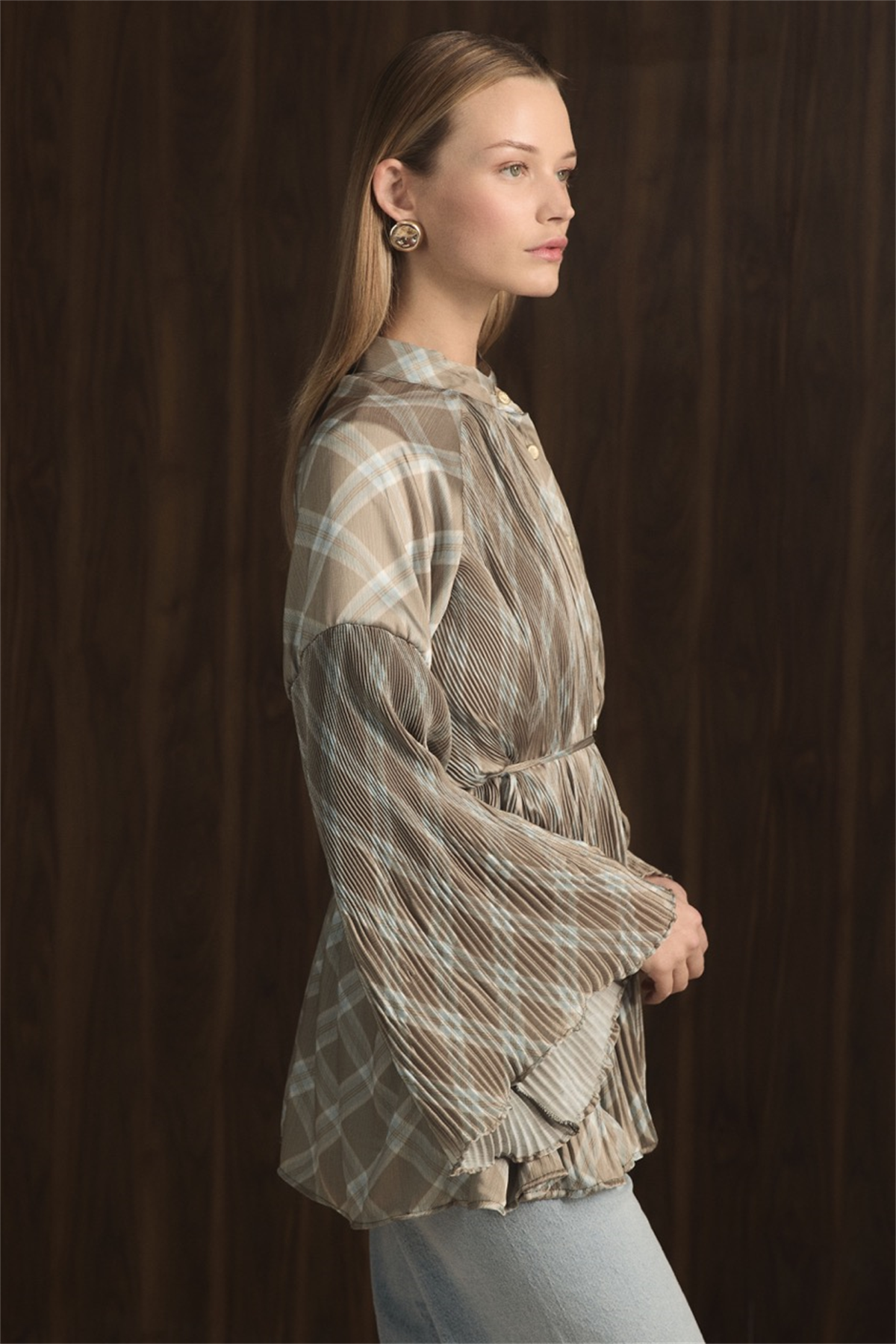 Ekose Desenli Dik Piliseli Saten Gömlek - Çağla