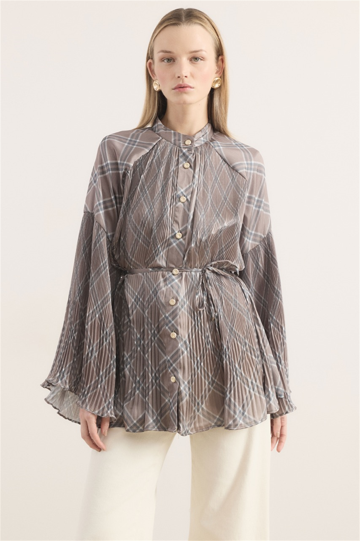 Ekose Desenli Dik Piliseli Saten Gömlek - Gri