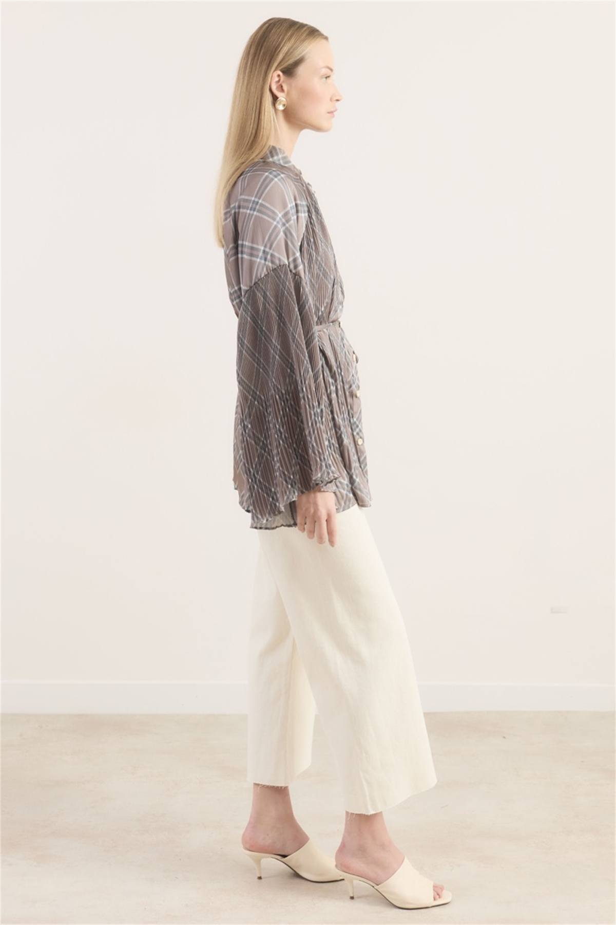 Ekose Desenli Dik Piliseli Saten Gömlek - Gri