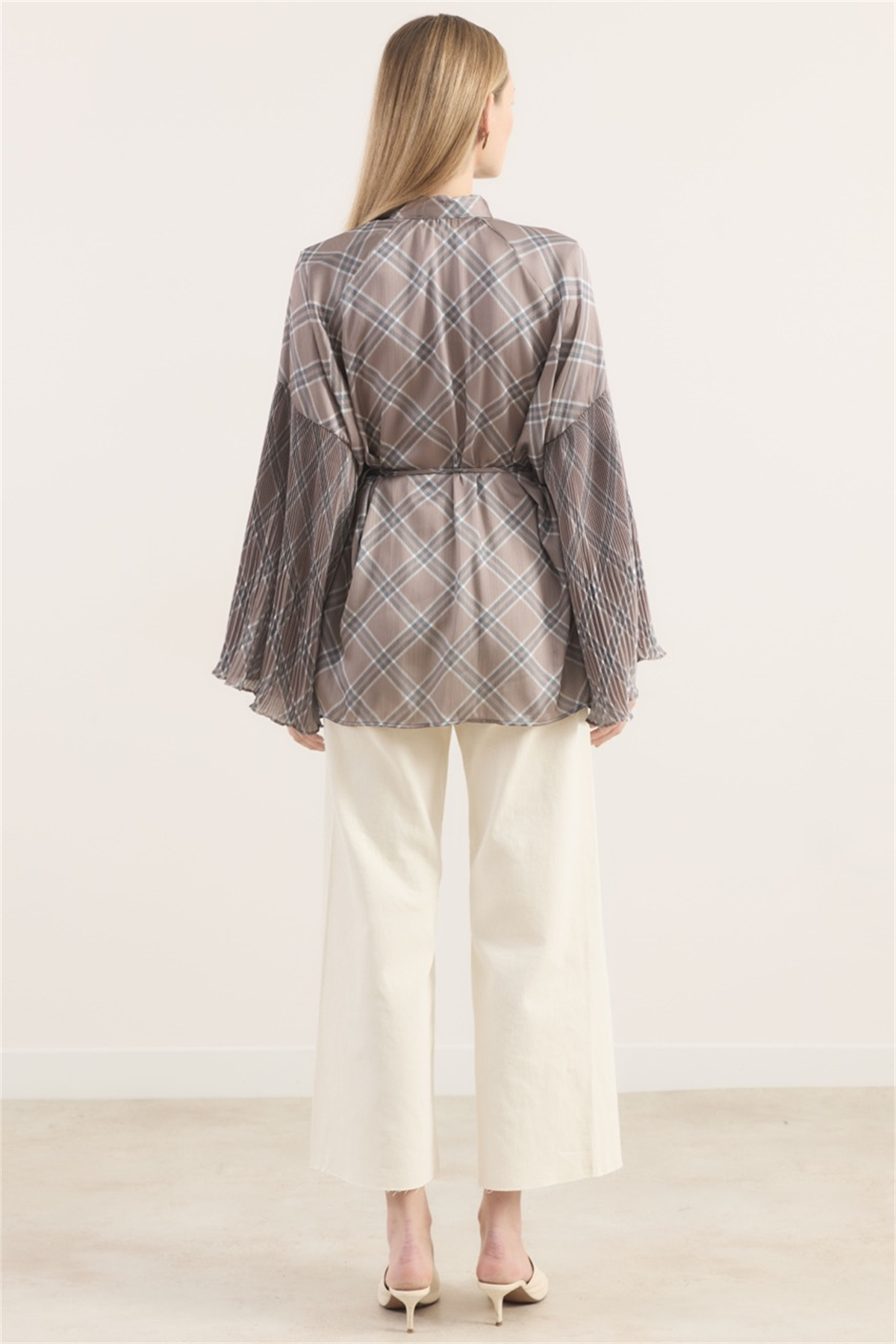 Ekose Desenli Dik Piliseli Saten Gömlek - Gri