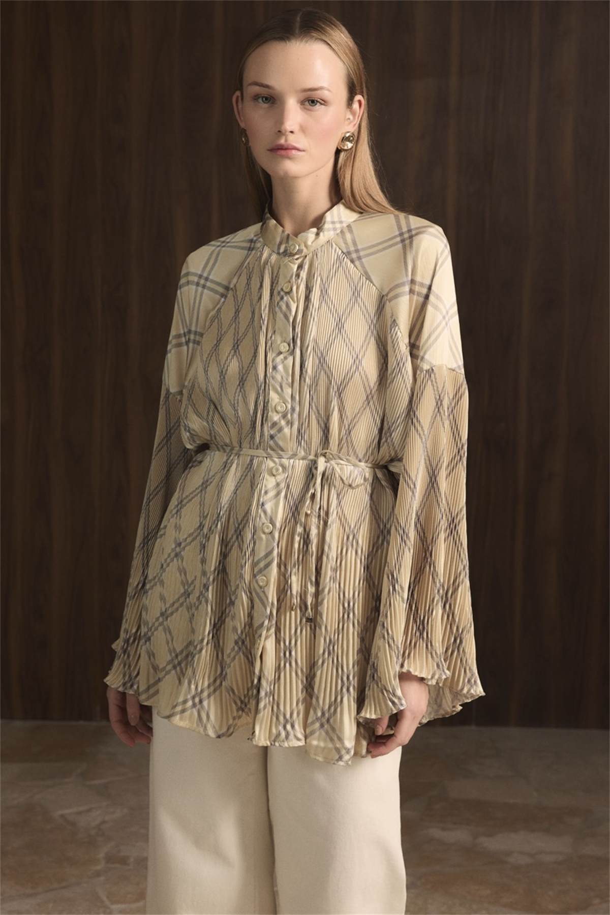 Ekose Desenli Dik Piliseli Saten Gömlek - Sarı