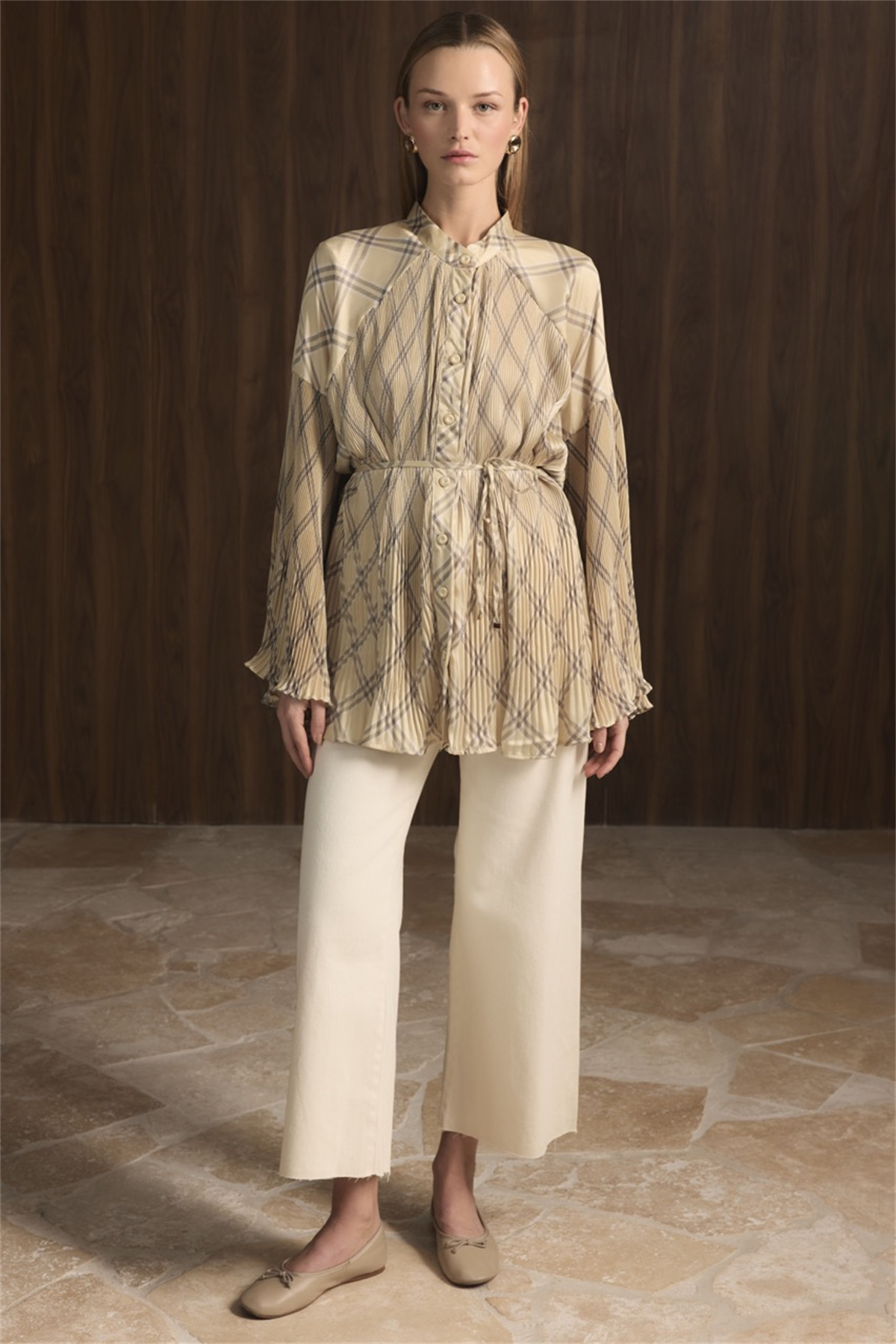 Ekose Desenli Dik Piliseli Saten Gömlek - Sarı