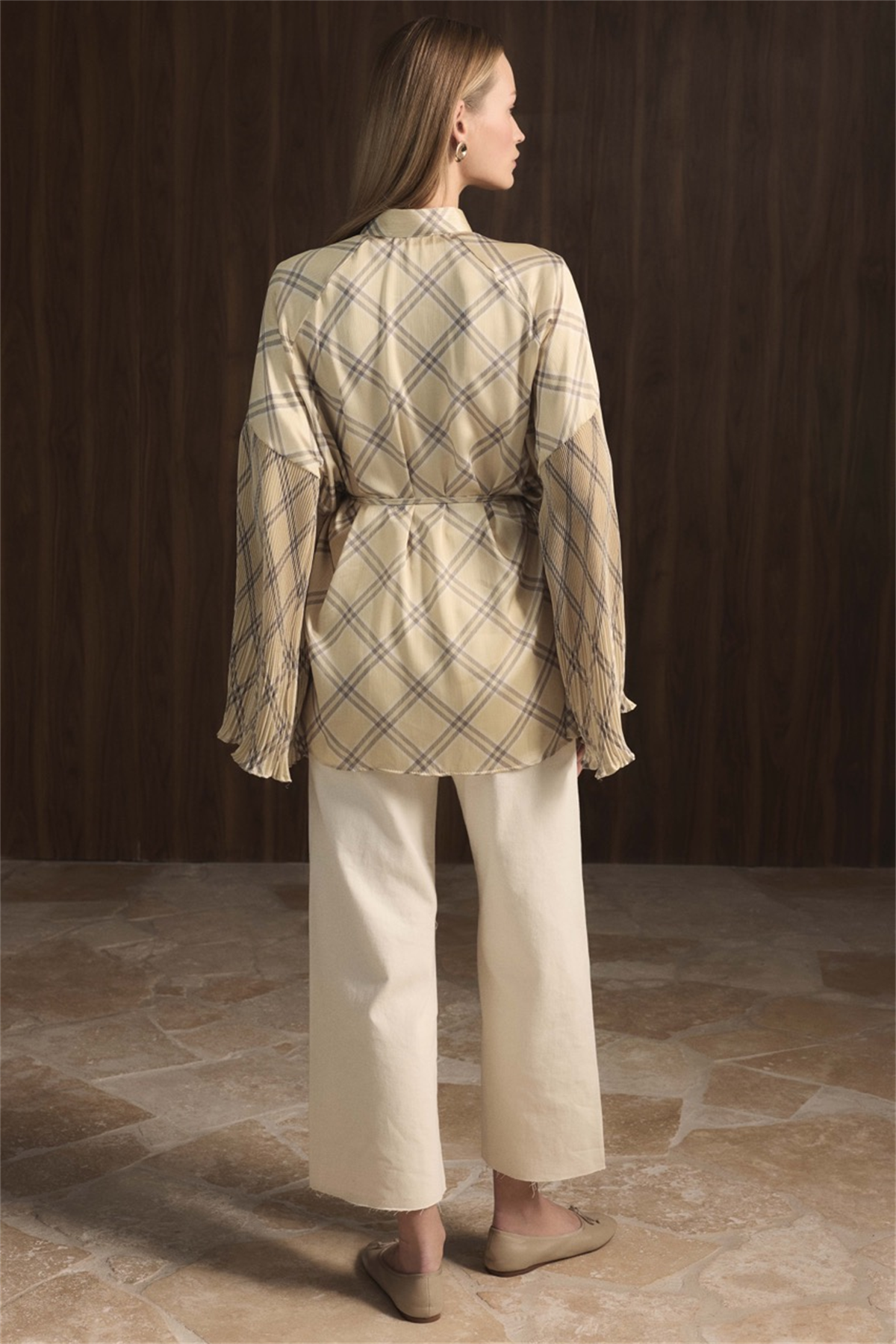 Ekose Desenli Dik Piliseli Saten Gömlek - Sarı