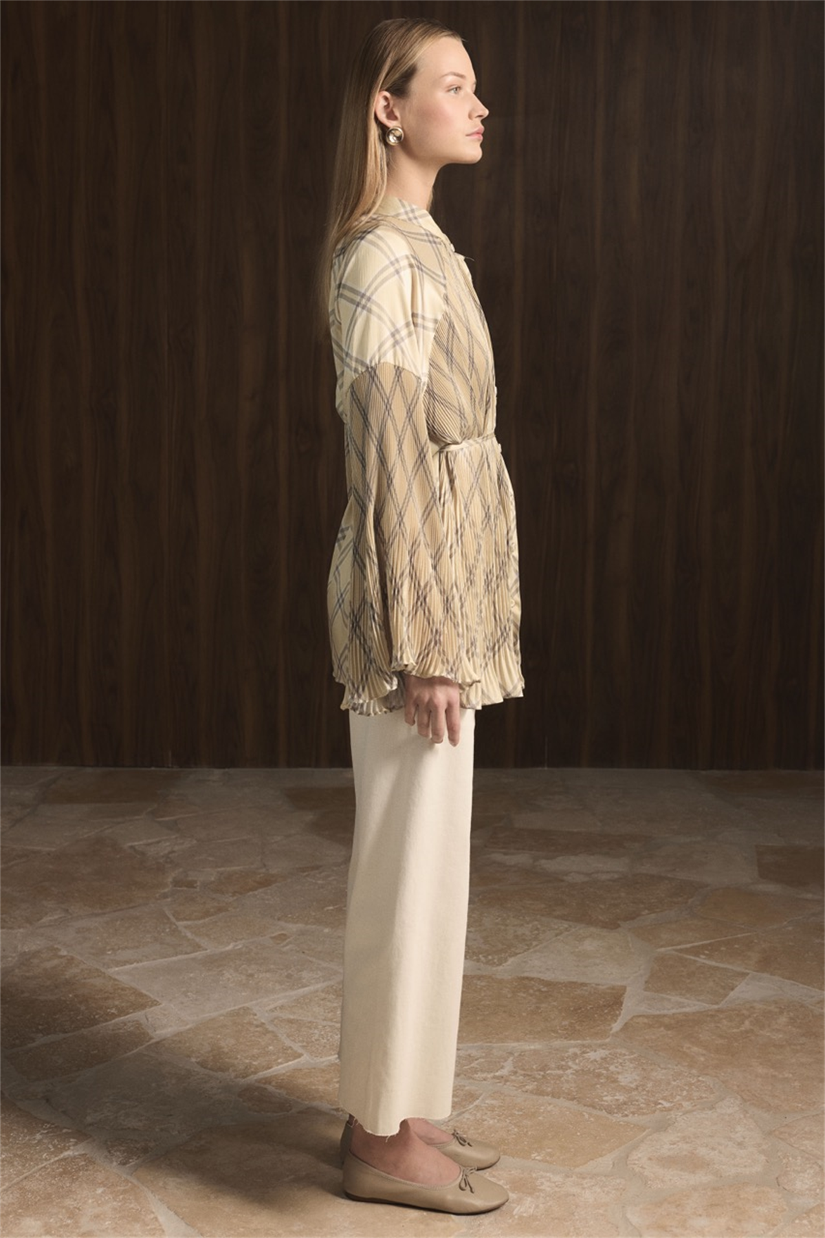 Ekose Desenli Dik Piliseli Saten Gömlek - Sarı