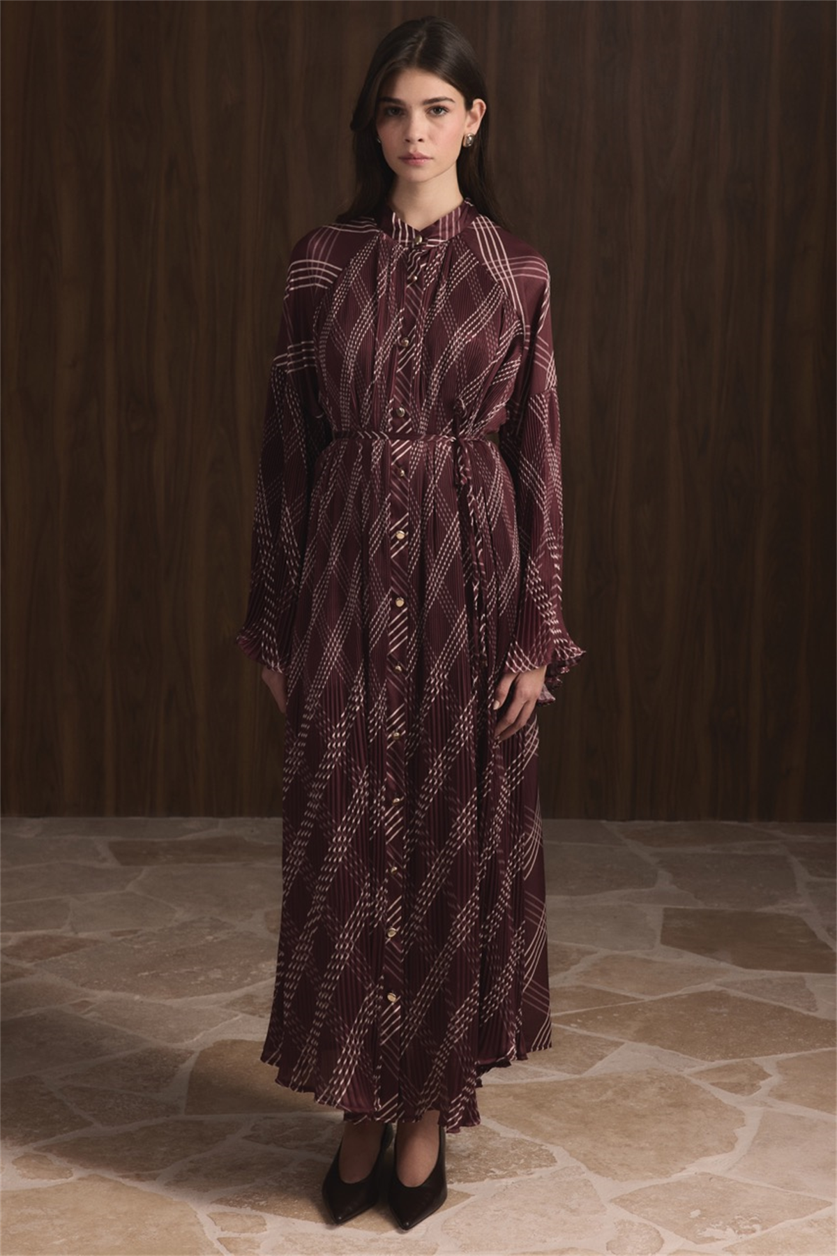 Dik Piliseli Saten Elbise - Bordo