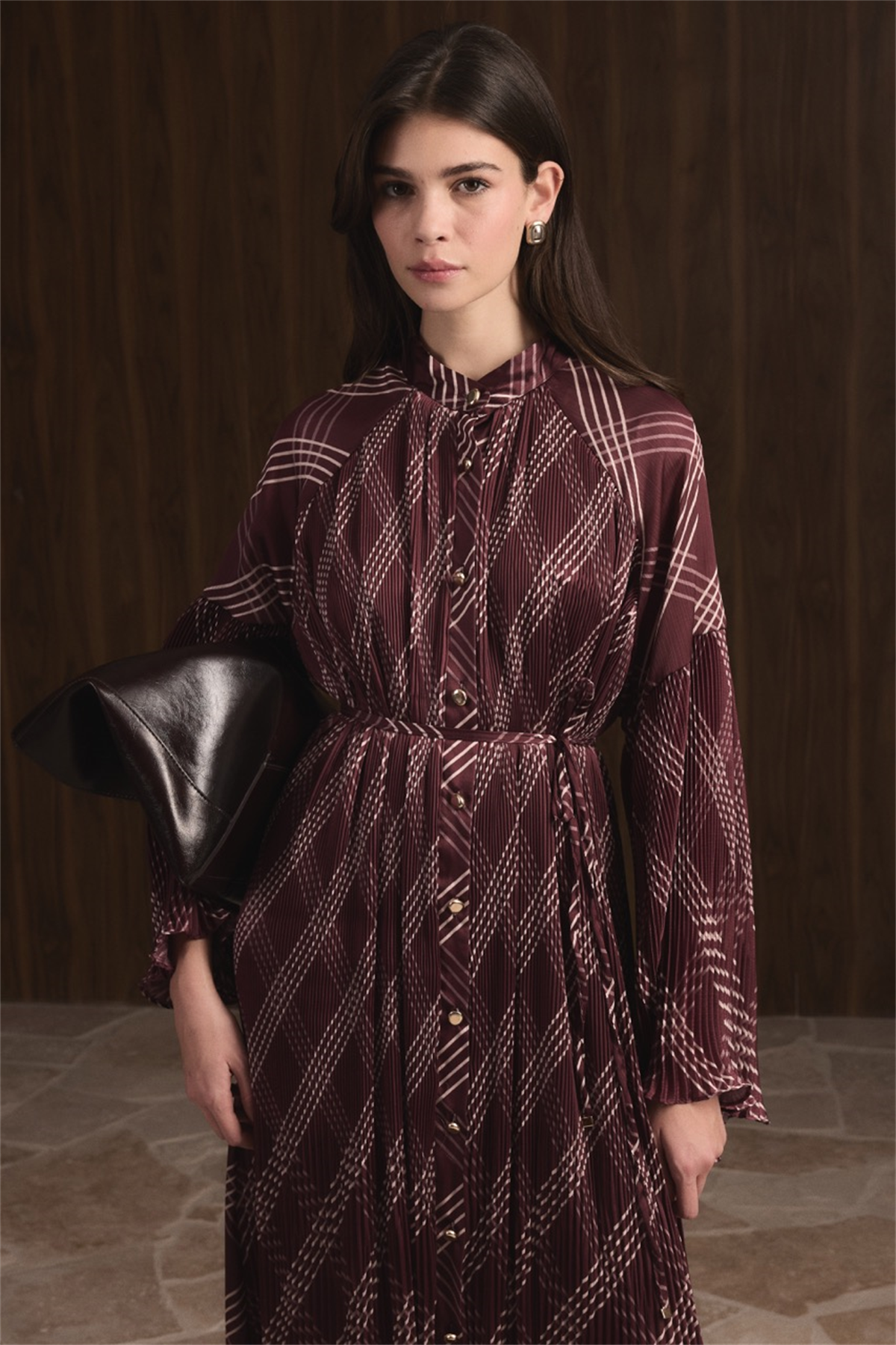 Dik Piliseli Saten Elbise - Bordo