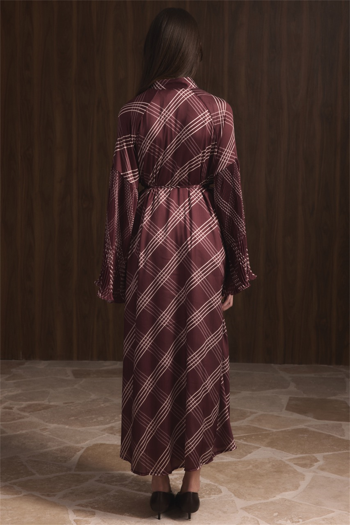 Dik Piliseli Saten Elbise - Bordo