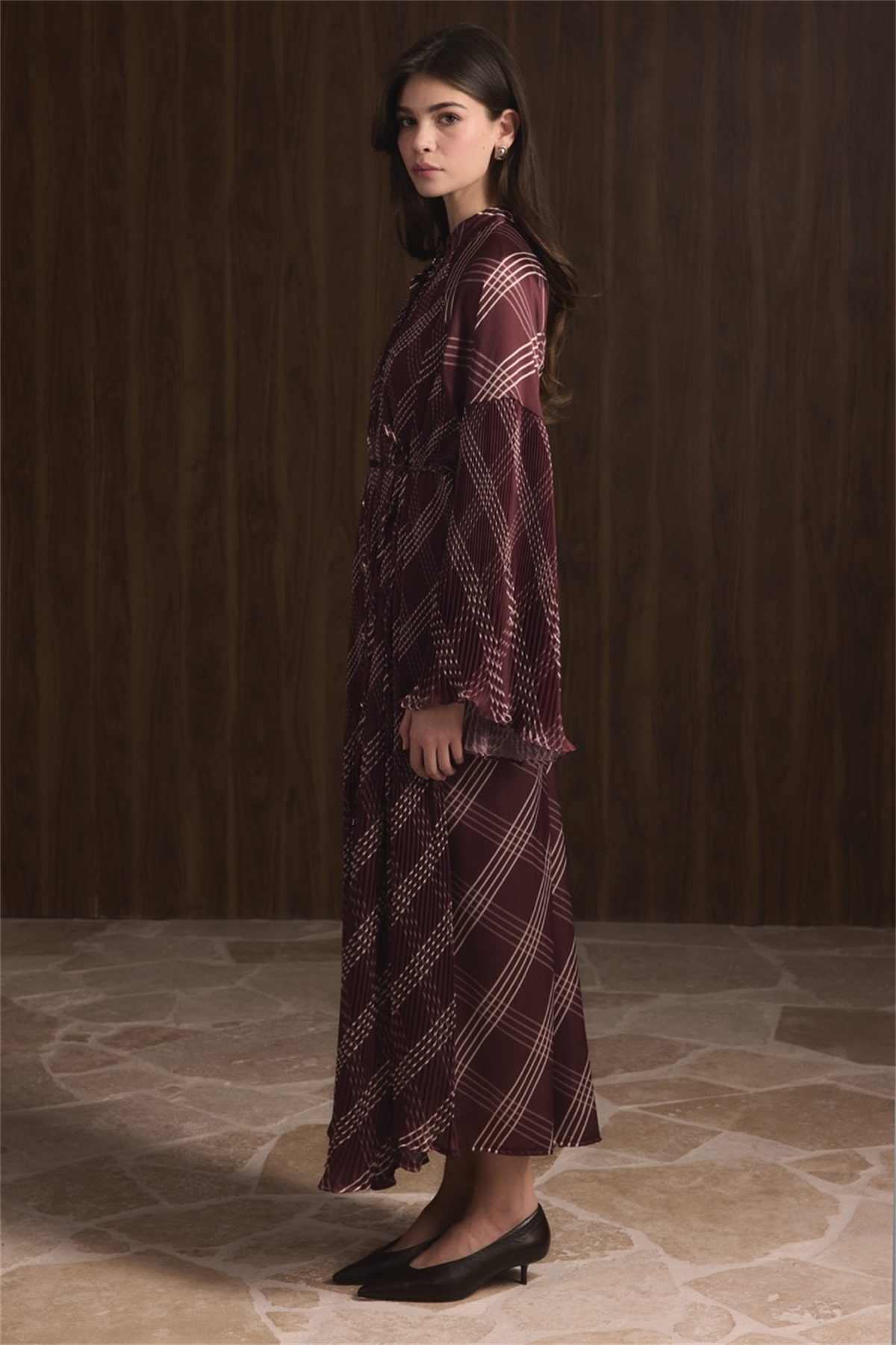 Dik Piliseli Saten Elbise - Bordo