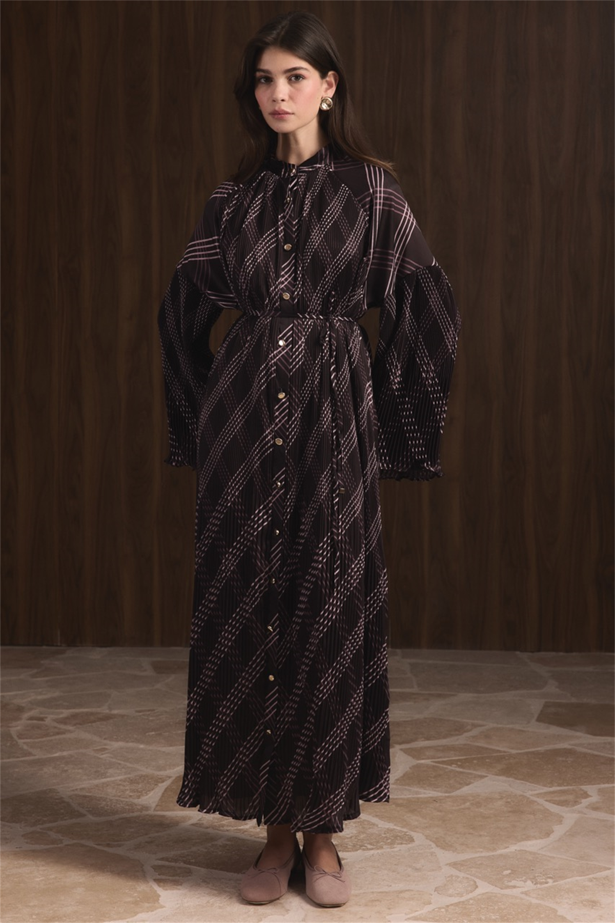 Dik Piliseli Saten Elbise - Mürdüm