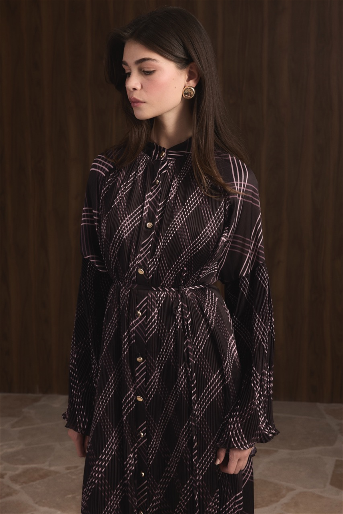 Dik Piliseli Saten Elbise - Mürdüm