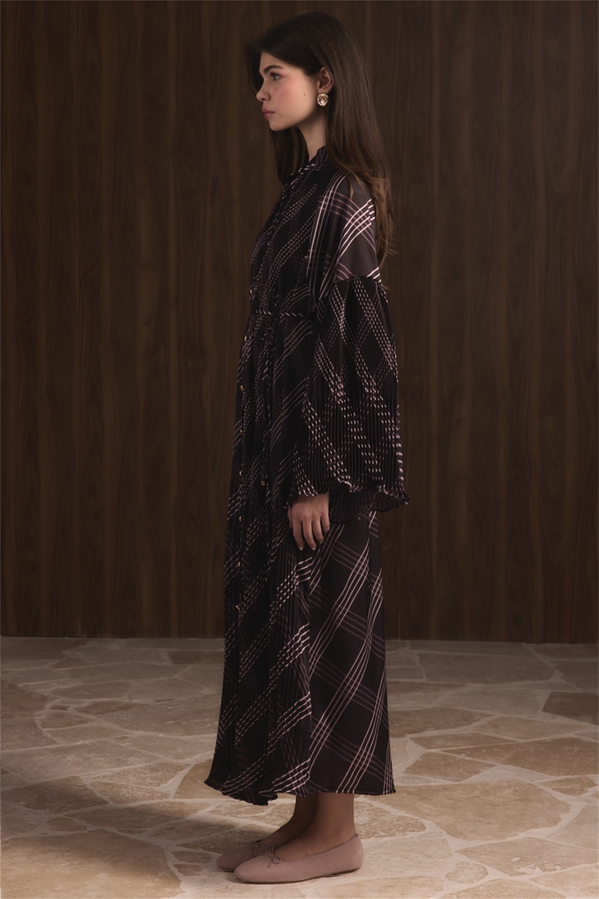 Dik Piliseli Saten Elbise - Mürdüm