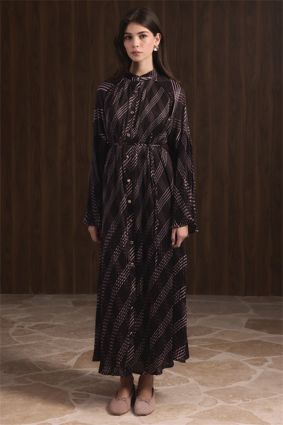 Dik Piliseli Saten Elbise - Mürdüm