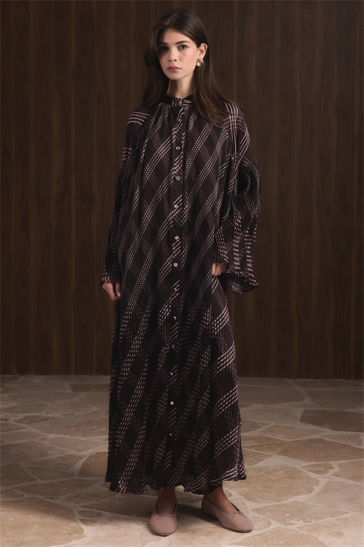 Dik Piliseli Saten Elbise - Mürdüm