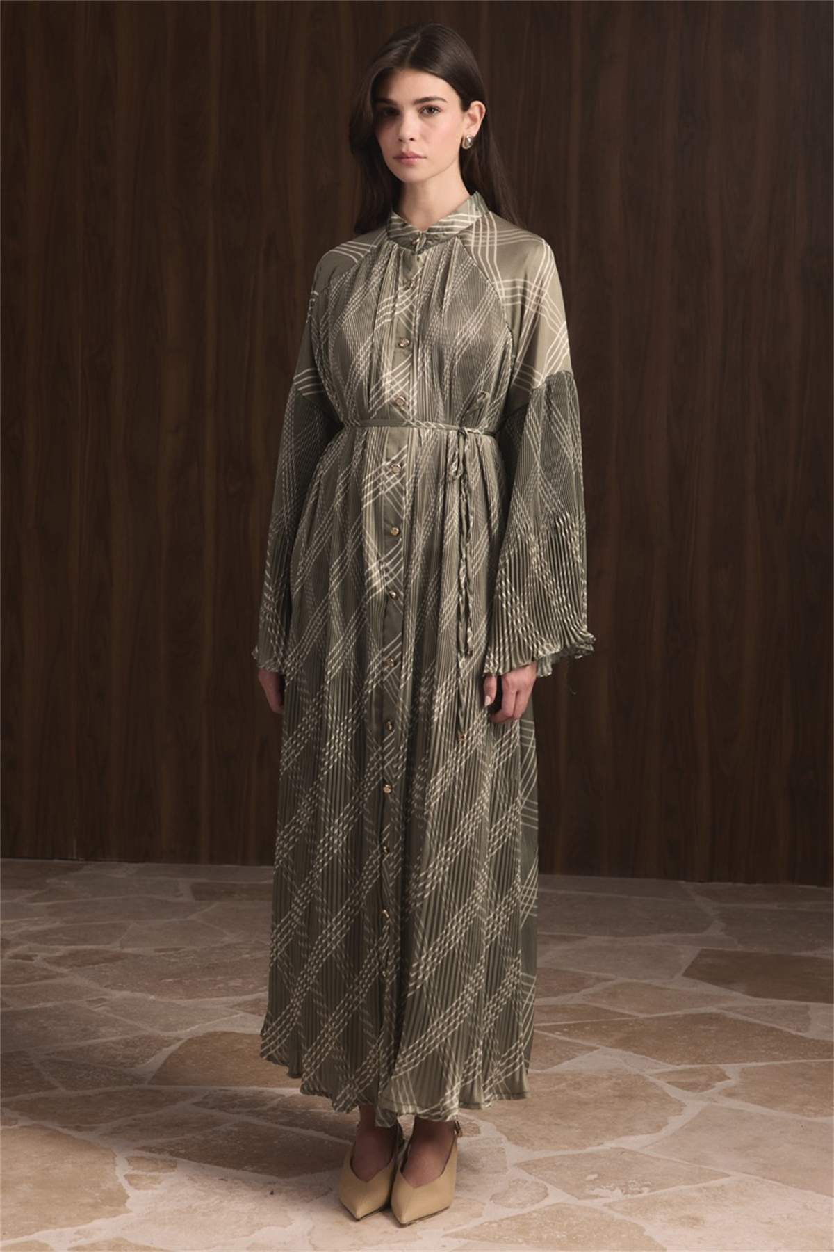 Dik Piliseli Saten Elbise - Yeşil