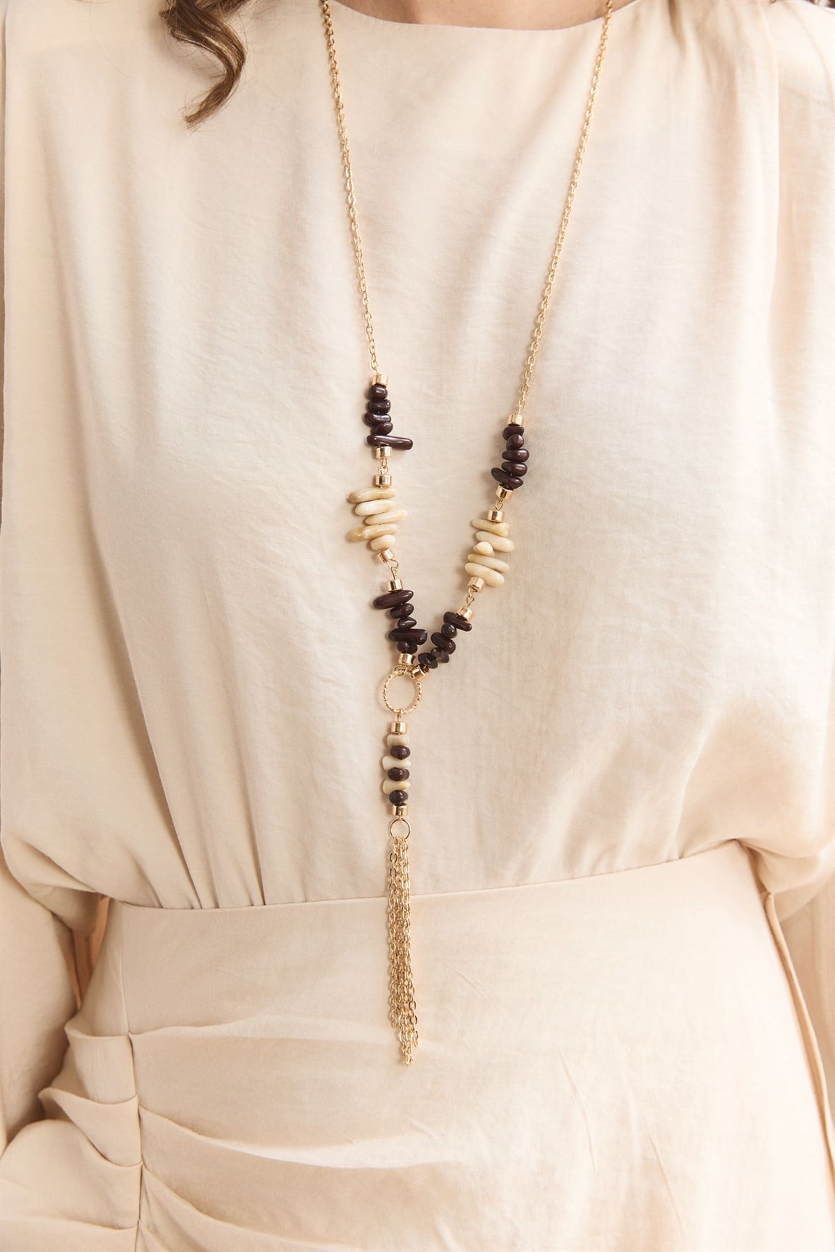 Doğal Taşlı Zincir Kolye - Kahve